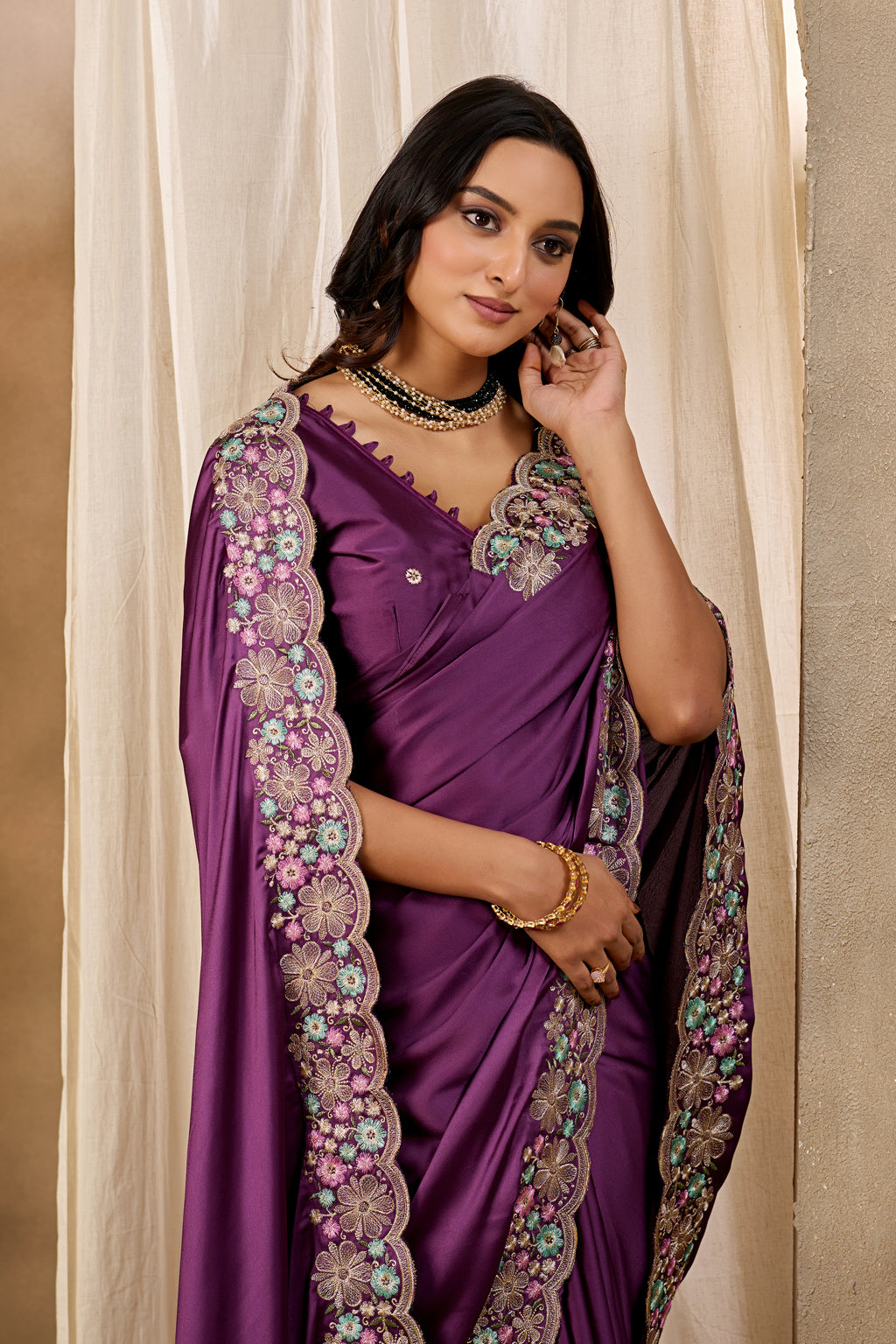 MANASVI Satin Embellished Embroidered Saree - Dark Wine