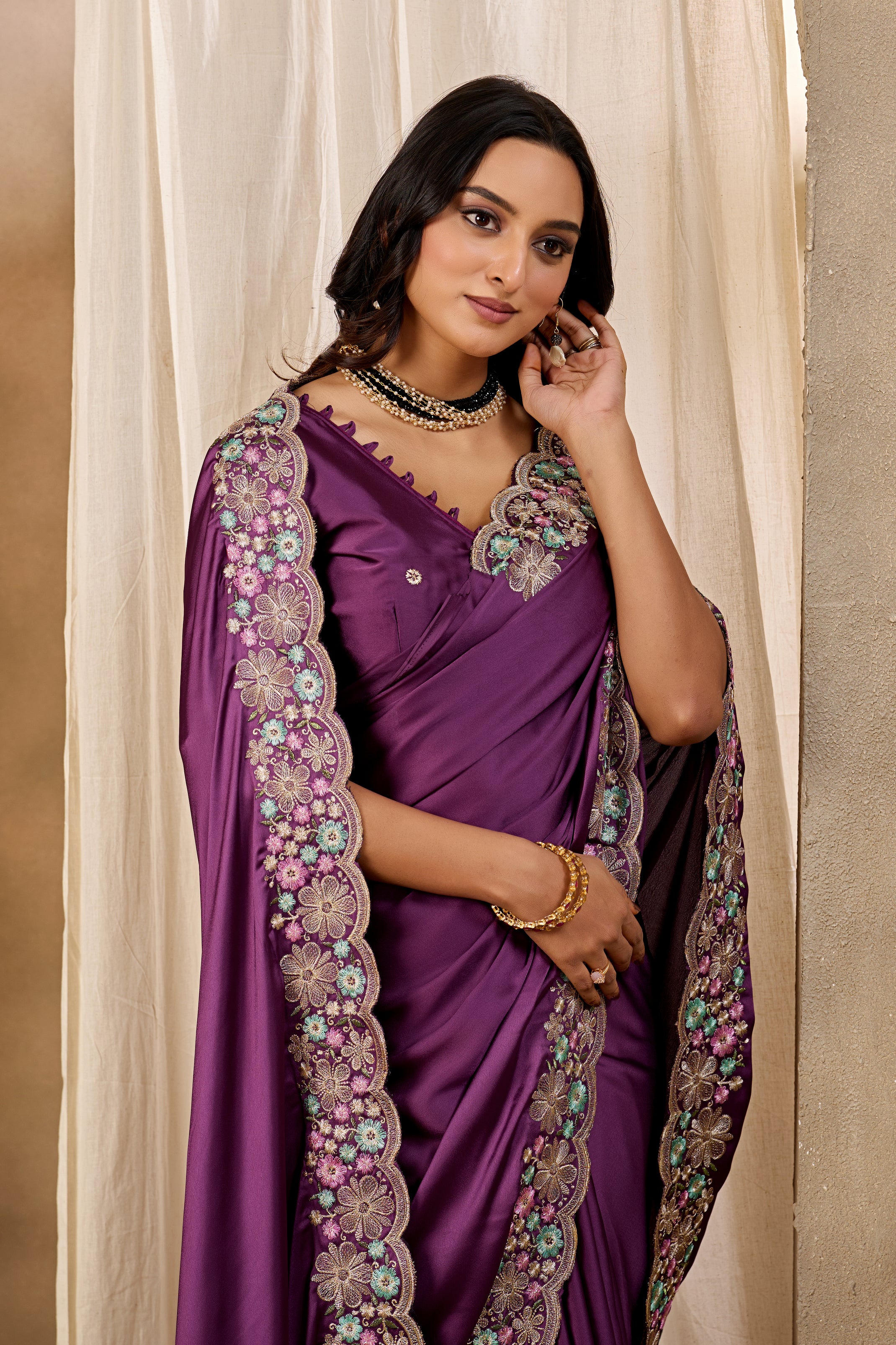 MANASVI Satin Embellished Embroidered Saree - Dark Wine