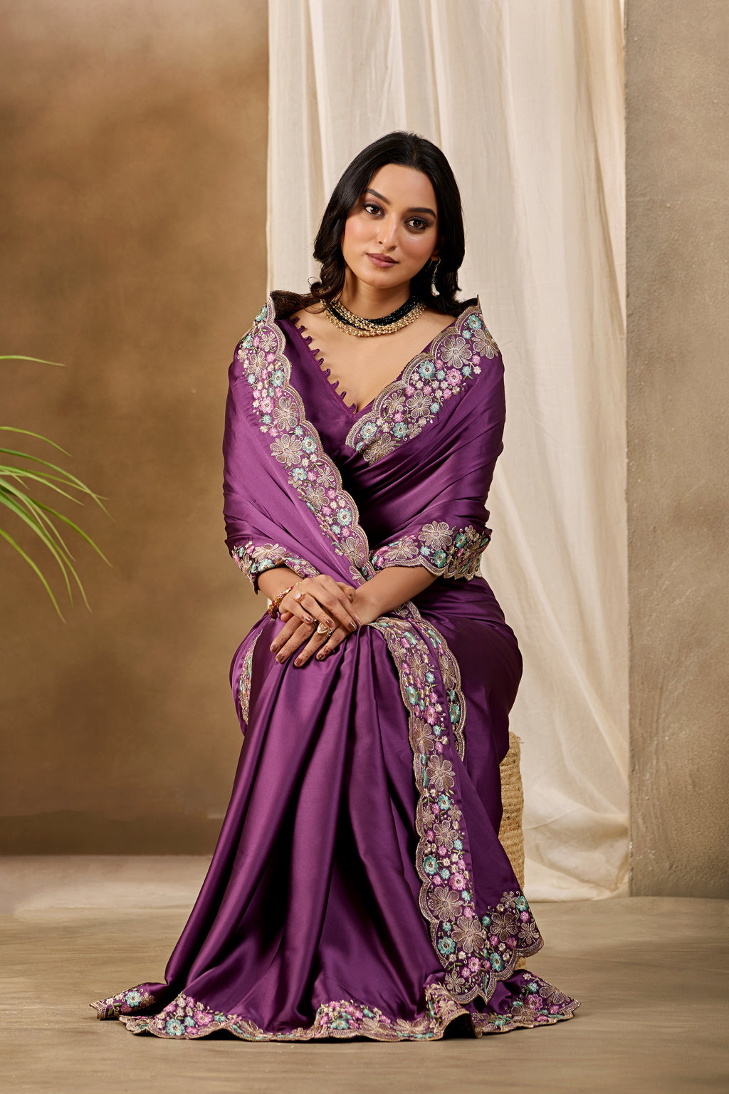 MANASVI Satin Embellished Embroidered Saree - Dark Wine