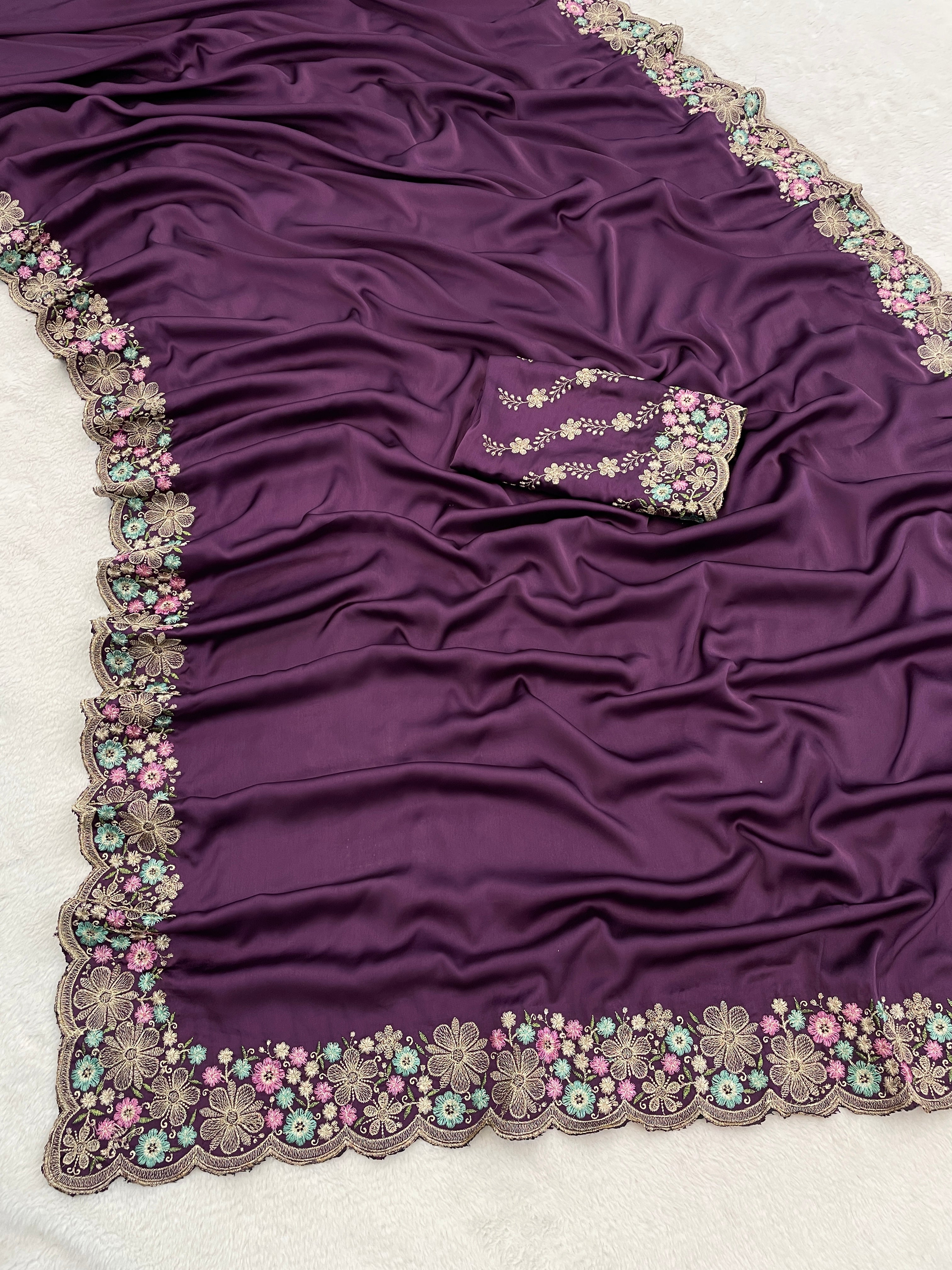 MANASVI Satin Embellished Embroidered Saree - Dark Wine
