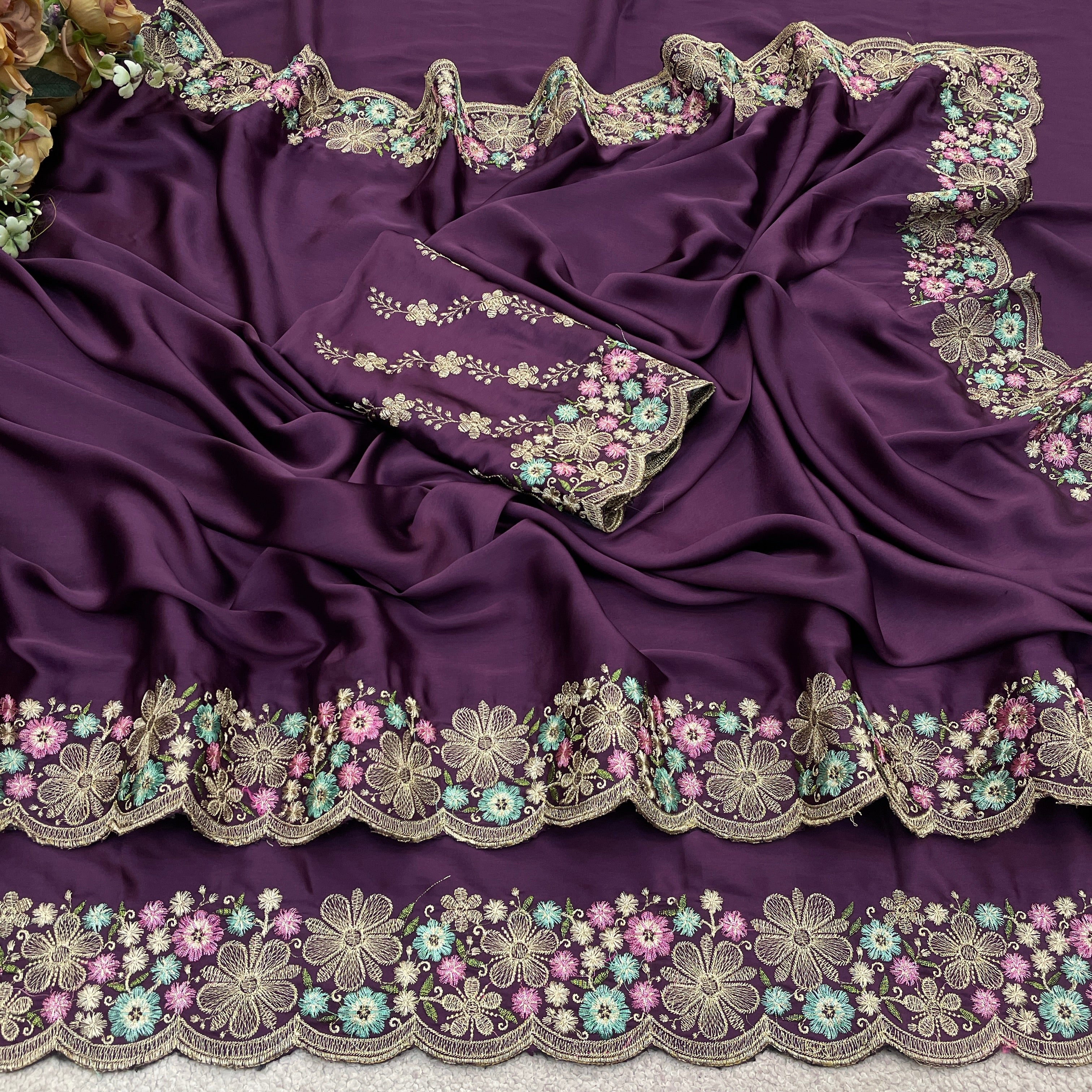 MANASVI Satin Embellished Embroidered Saree - Dark Wine