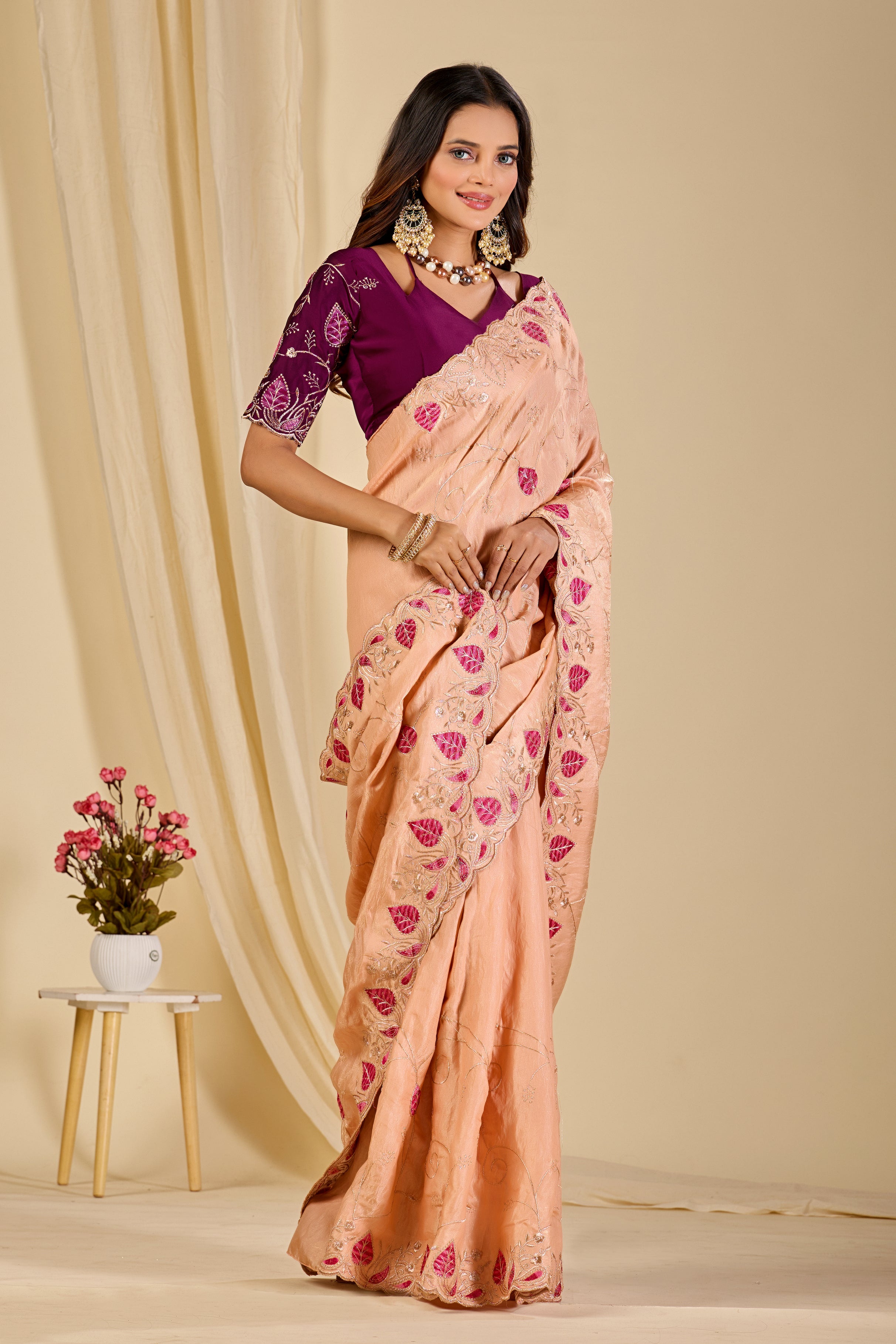 MASHUKA Satin Embellished Embroidered Floral Print Saree - Light Fanta