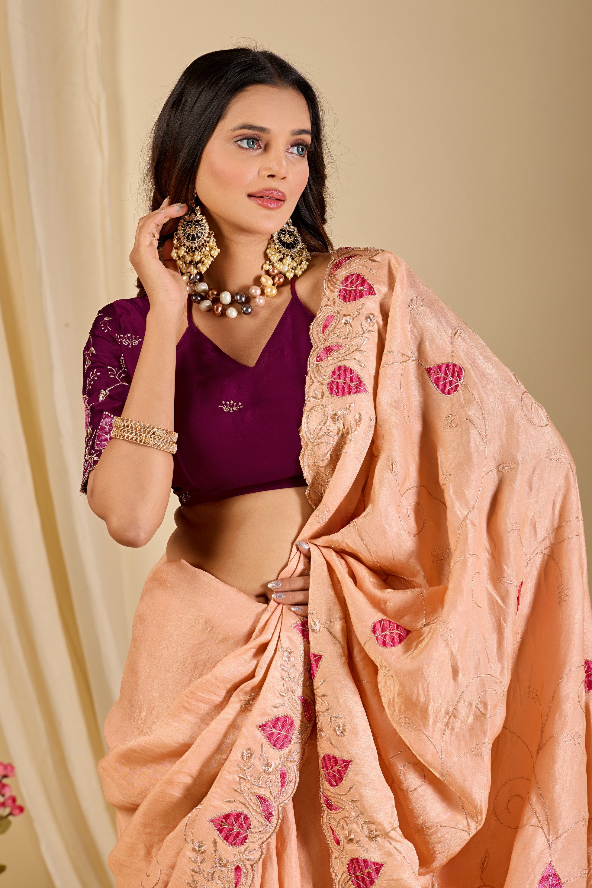 MASHUKA Satin Embellished Embroidered Floral Print Saree - Light Fanta