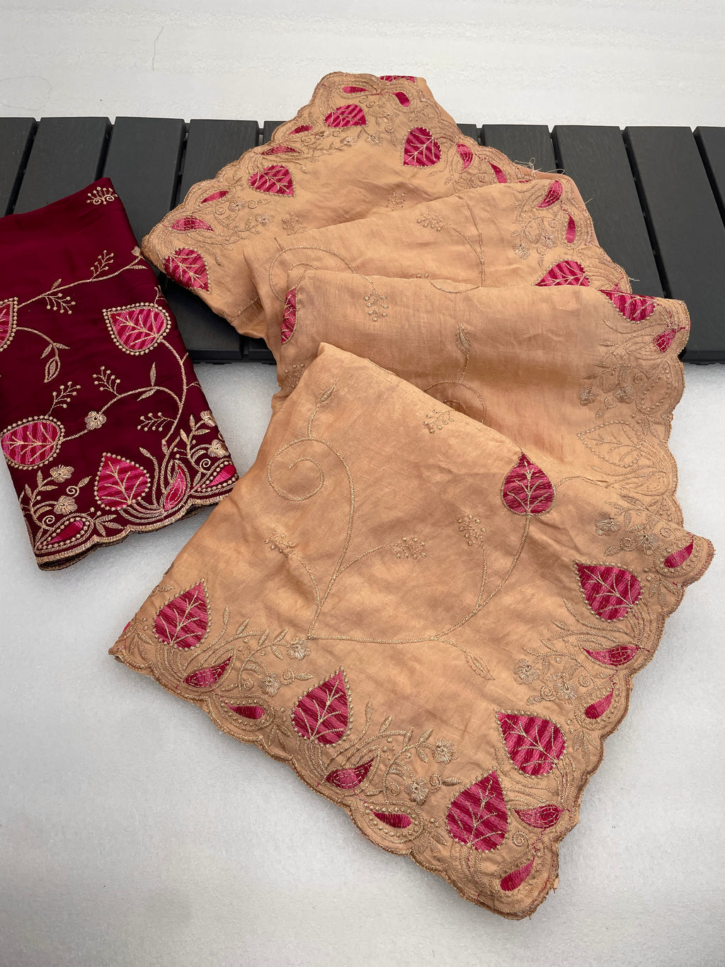 MASHUKA Satin Embellished Embroidered Floral Print Saree - Light Fanta