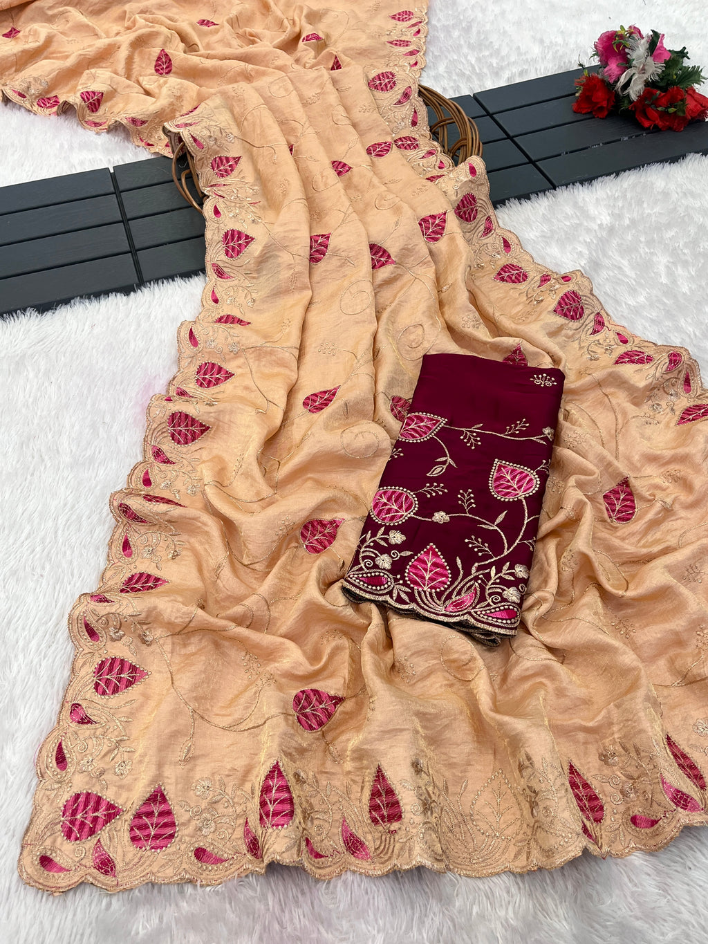 MASHUKA Satin Embellished Embroidered Floral Print Saree - Light Fanta
