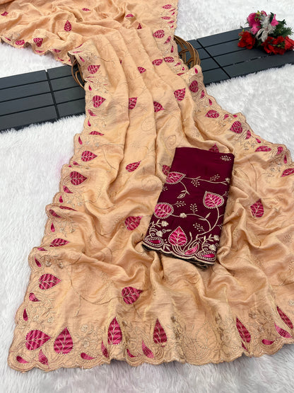 MASHUKA Satin Embellished Embroidered Floral Print Saree - Light Fanta