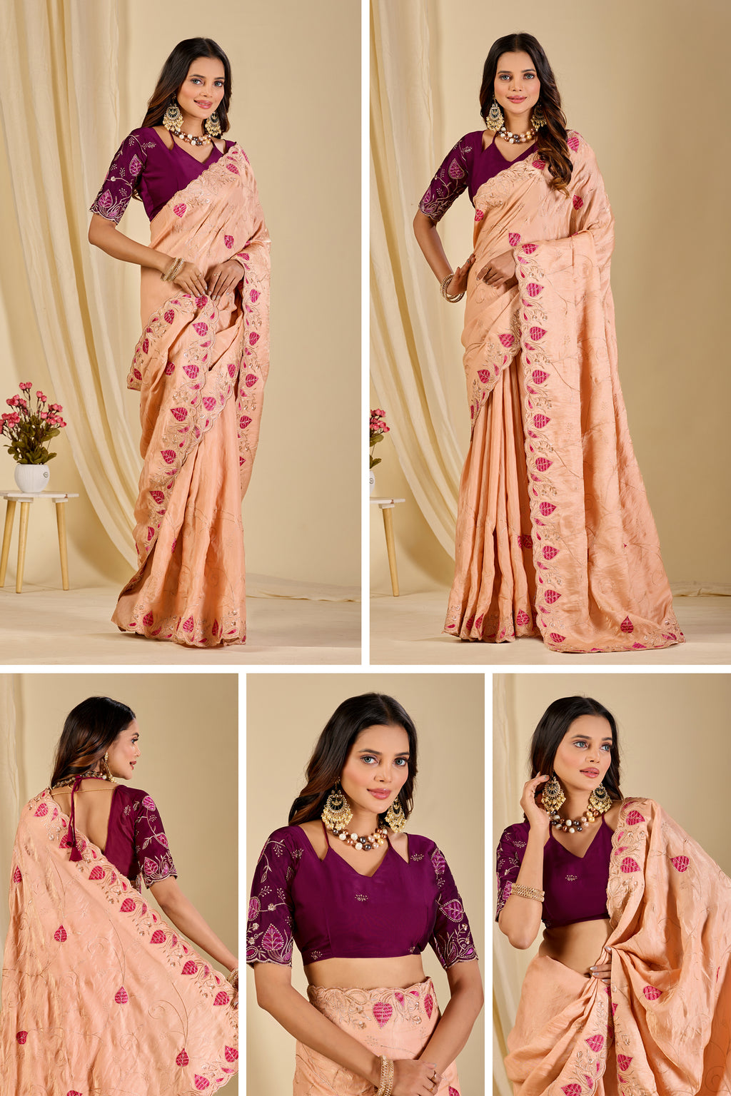 MASHUKA Satin Embellished Embroidered Floral Print Saree - Light Fanta