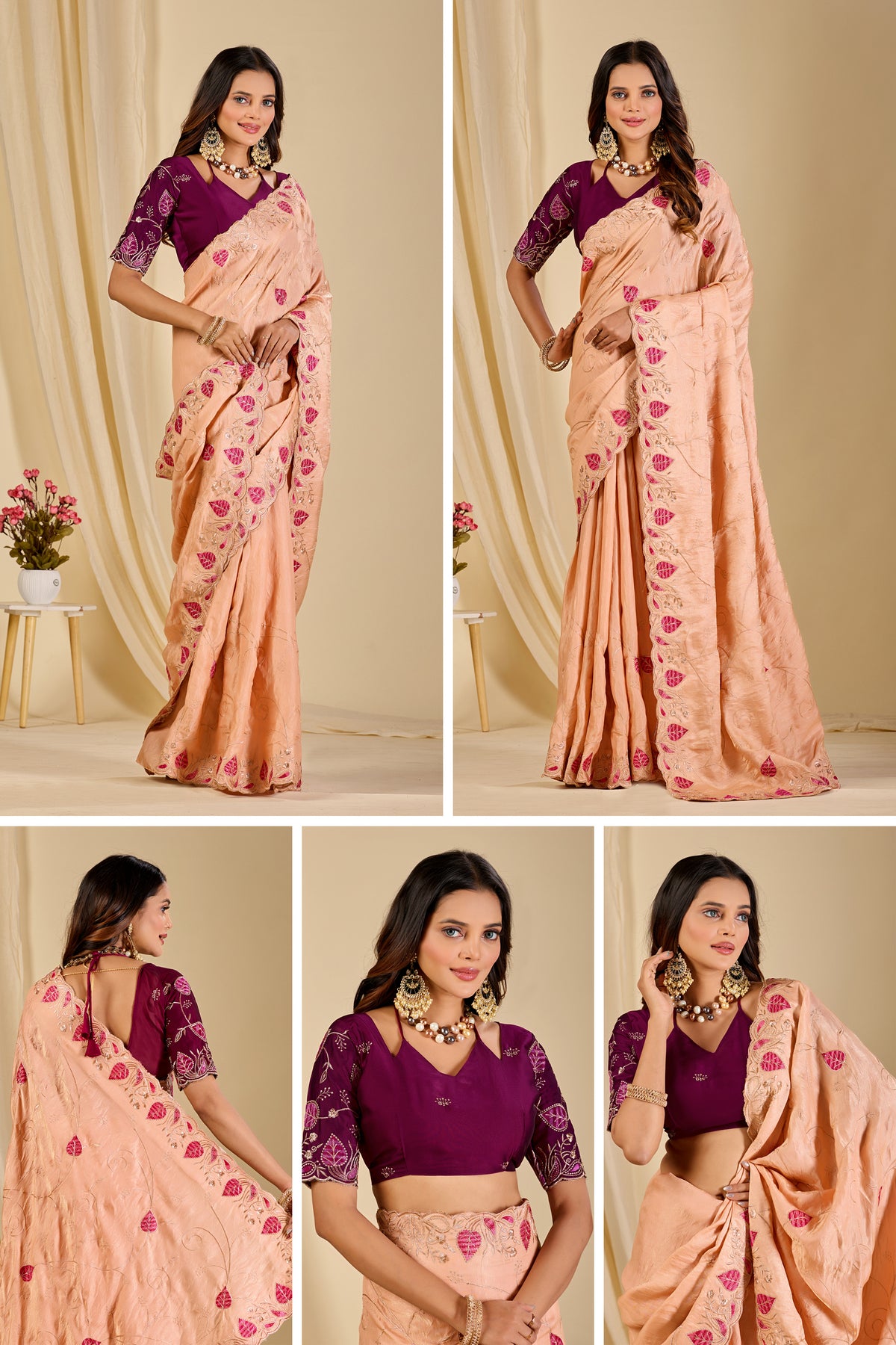 MASHUKA Satin Embellished Embroidered Floral Print Saree - Light Fanta