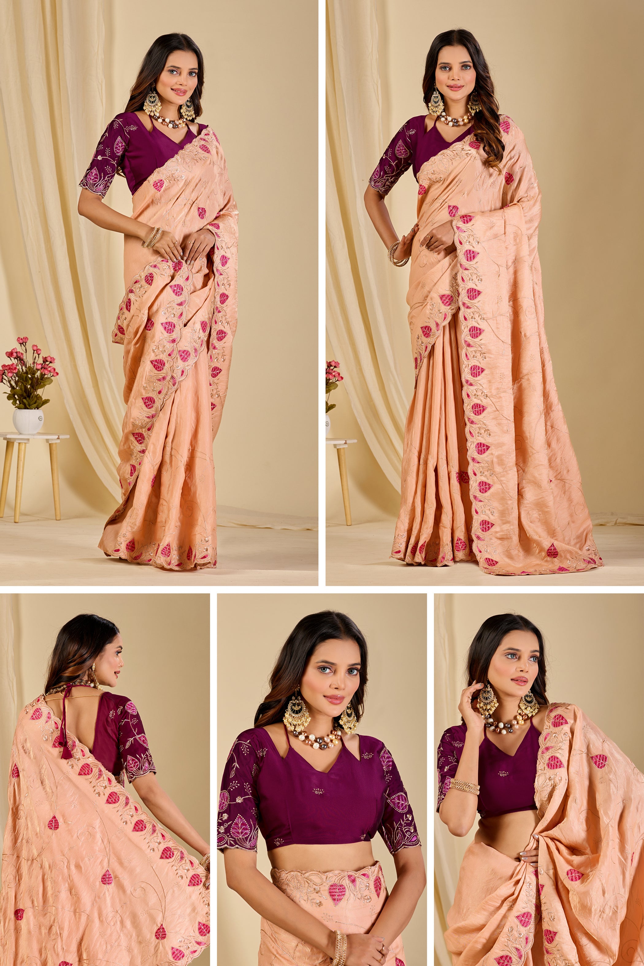 MASHUKA Satin Embellished Embroidered Floral Print Saree - Light Fanta