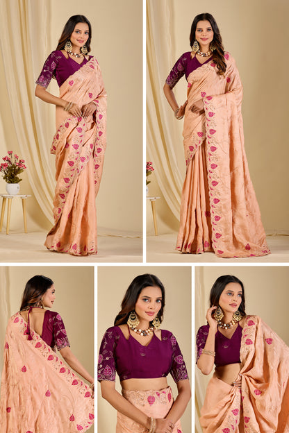 MASHUKA Satin Embellished Embroidered Floral Print Saree - Light Fanta