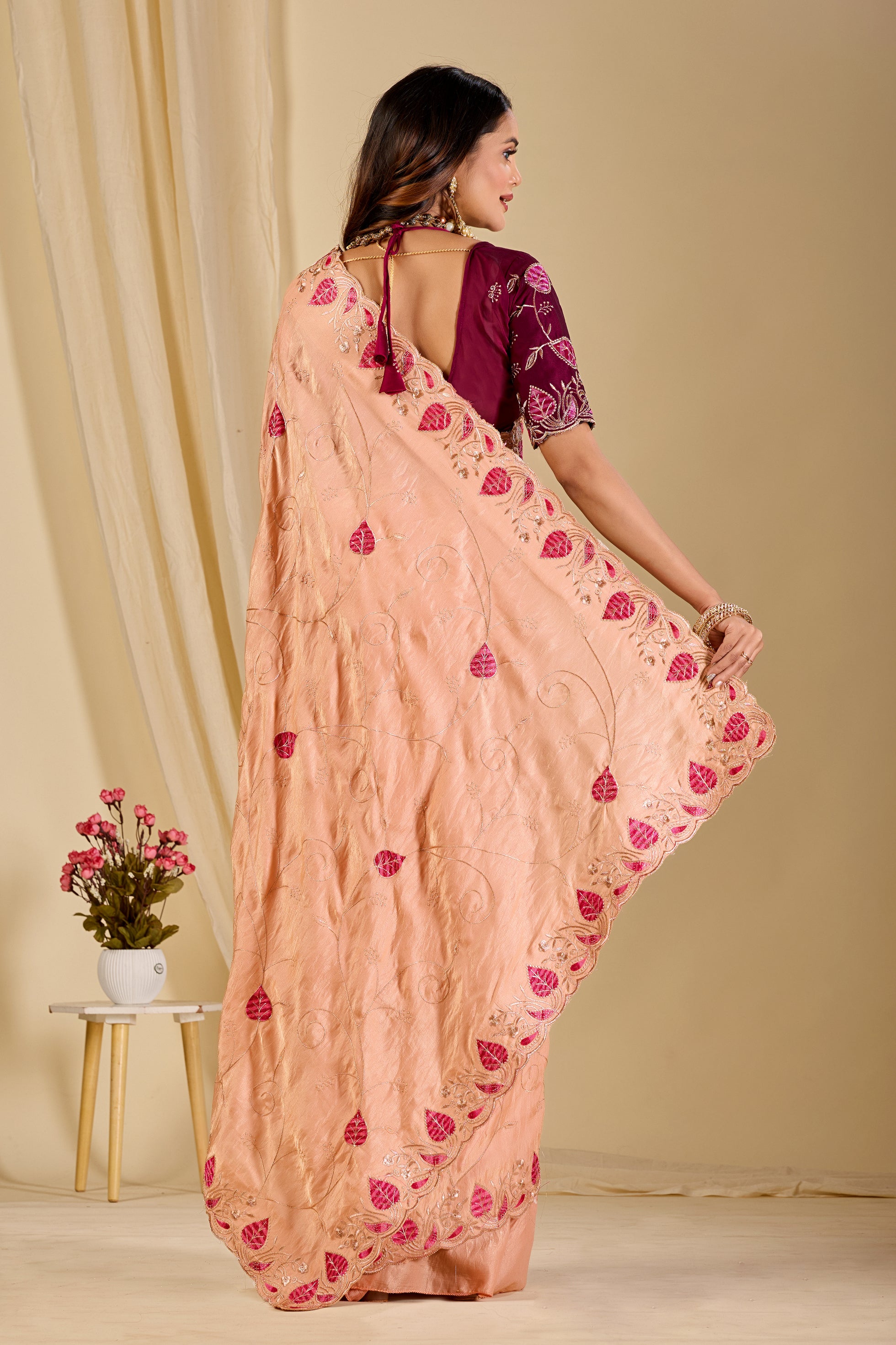 MASHUKA Satin Embellished Embroidered Floral Print Saree - Light Fanta