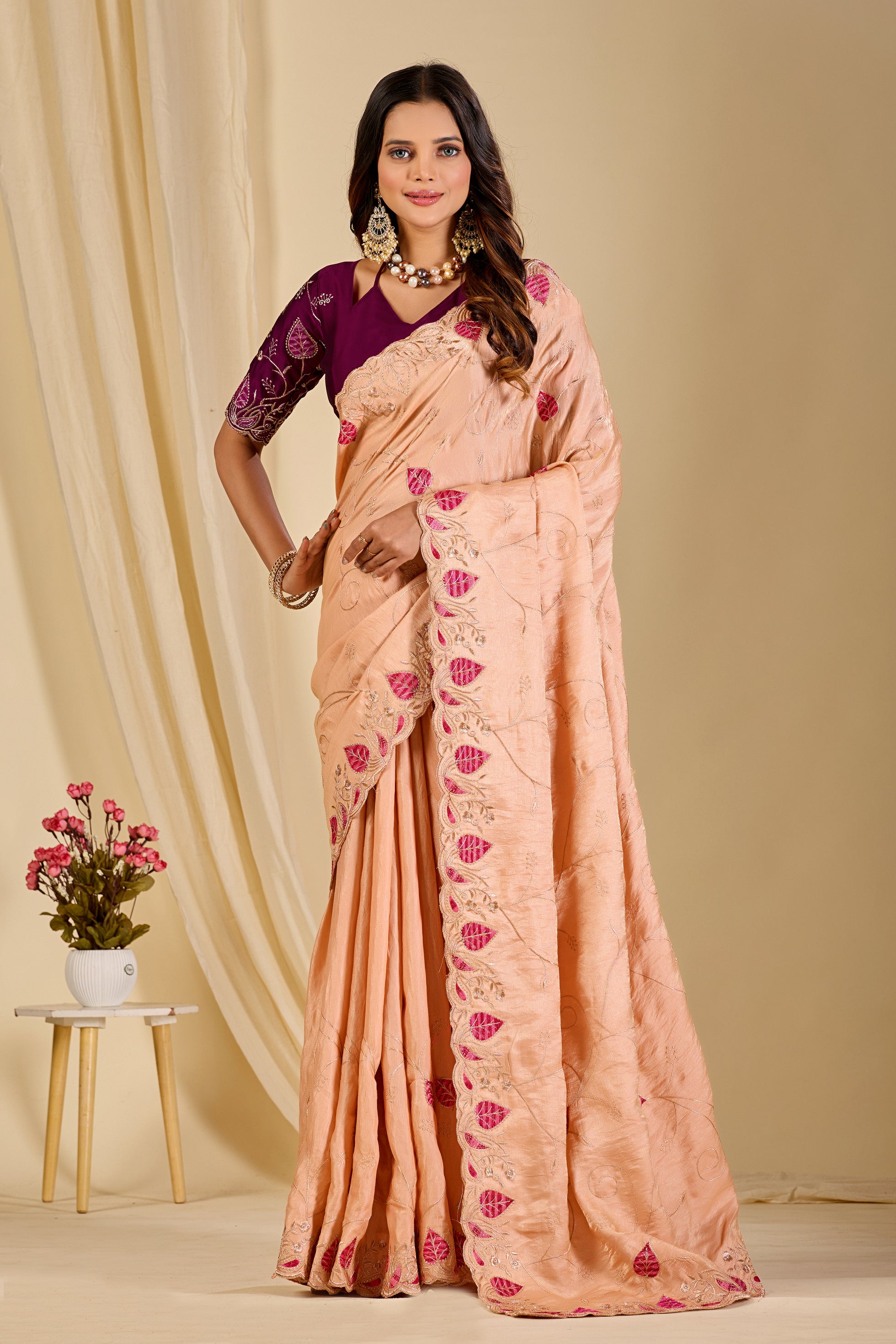 MASHUKA Satin Embellished Embroidered Floral Print Saree - Light Fanta