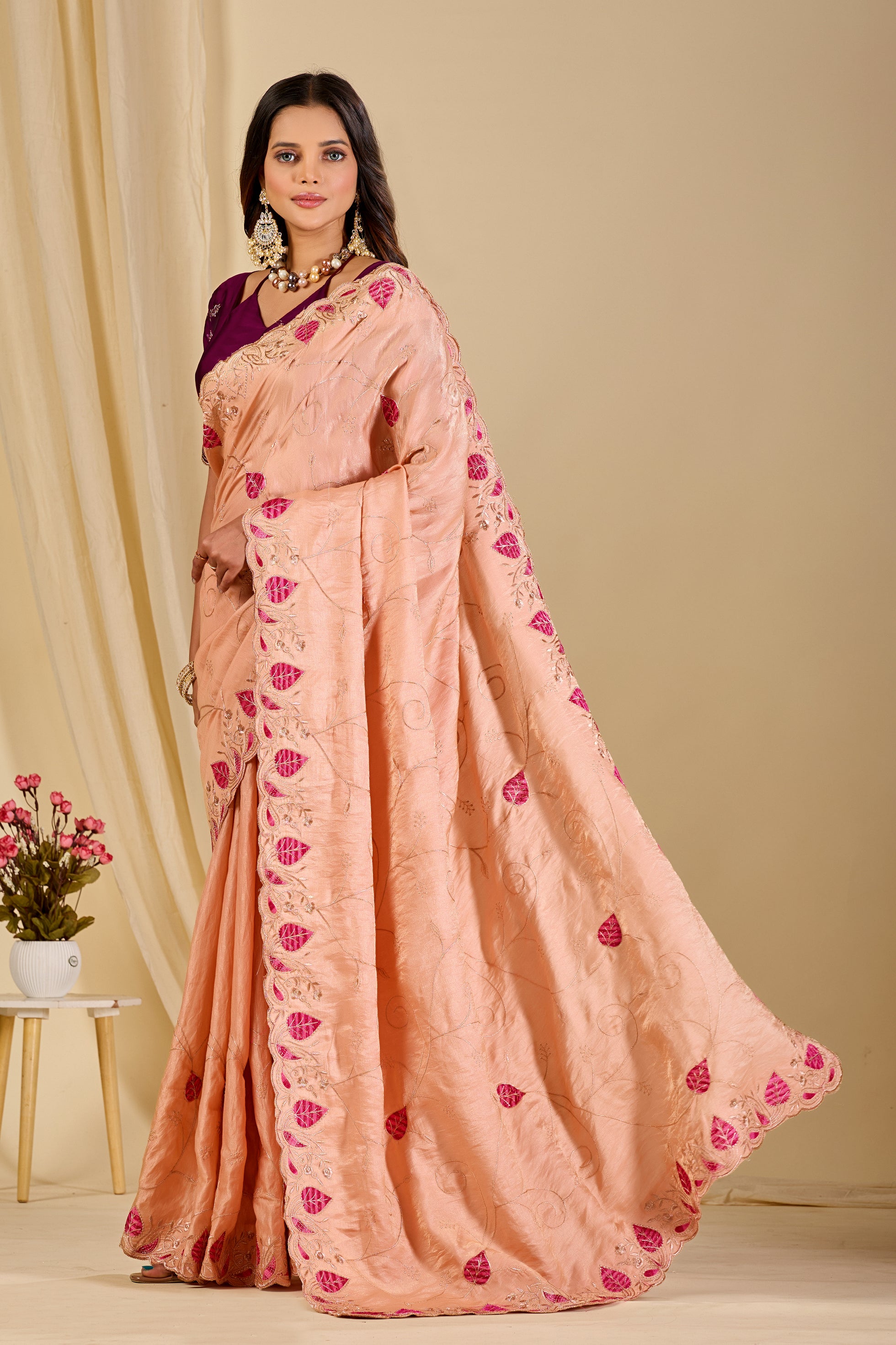 MASHUKA Satin Embellished Embroidered Floral Print Saree - Light Fanta