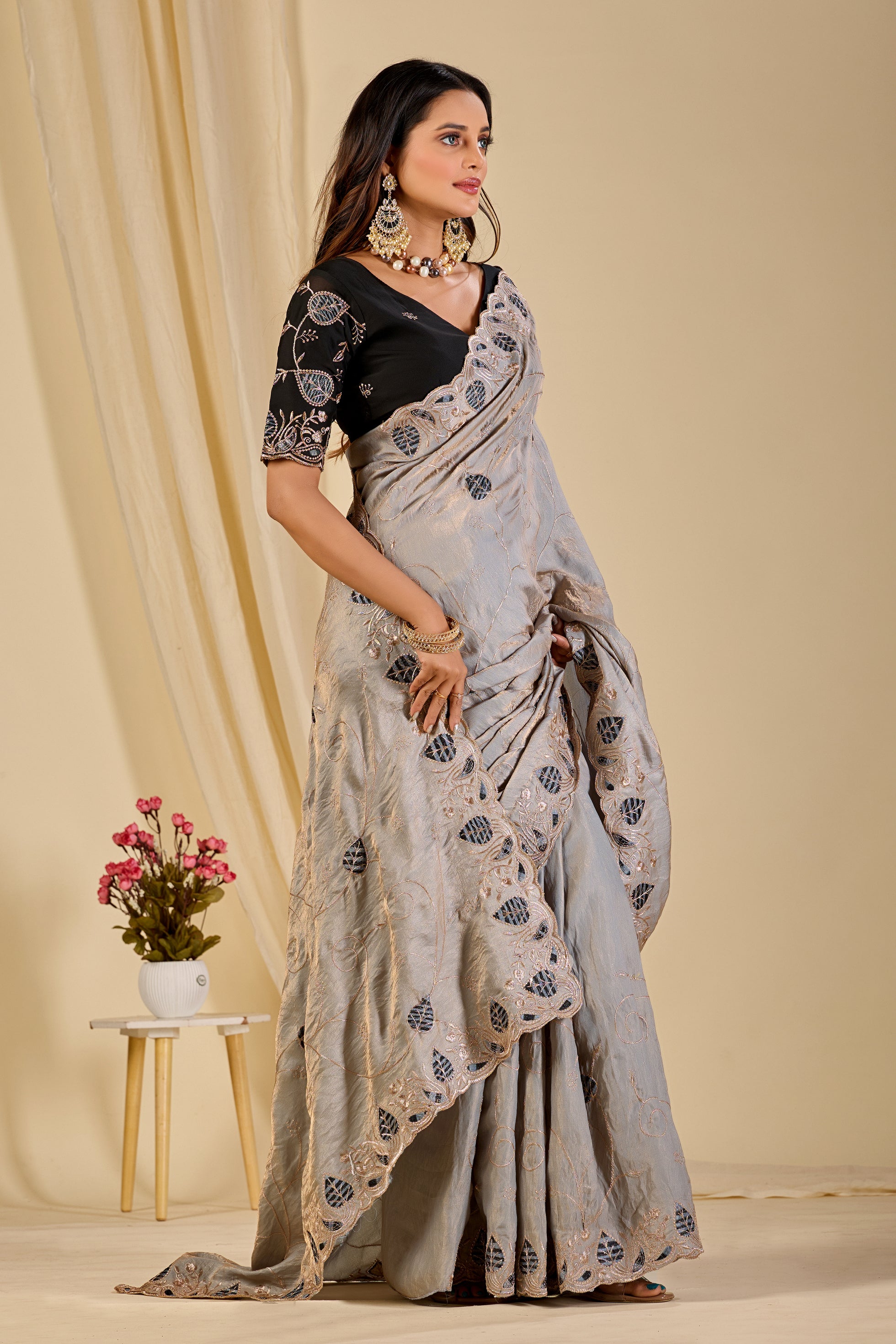 MASHUKA Satin Embellished Embroidered Floral Print Saree - Light Grey
