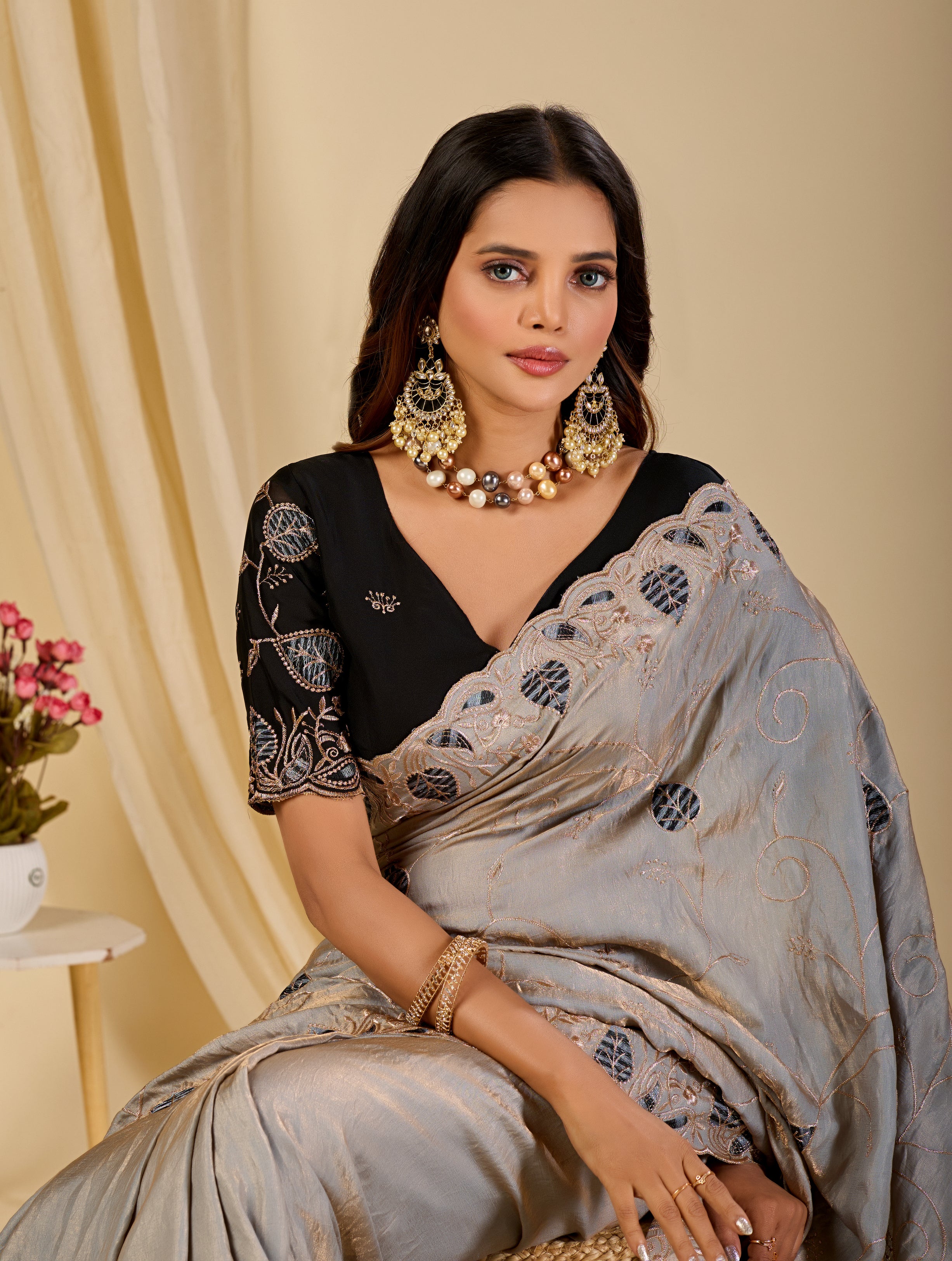 MASHUKA Satin Embellished Embroidered Floral Print Saree - Light Grey