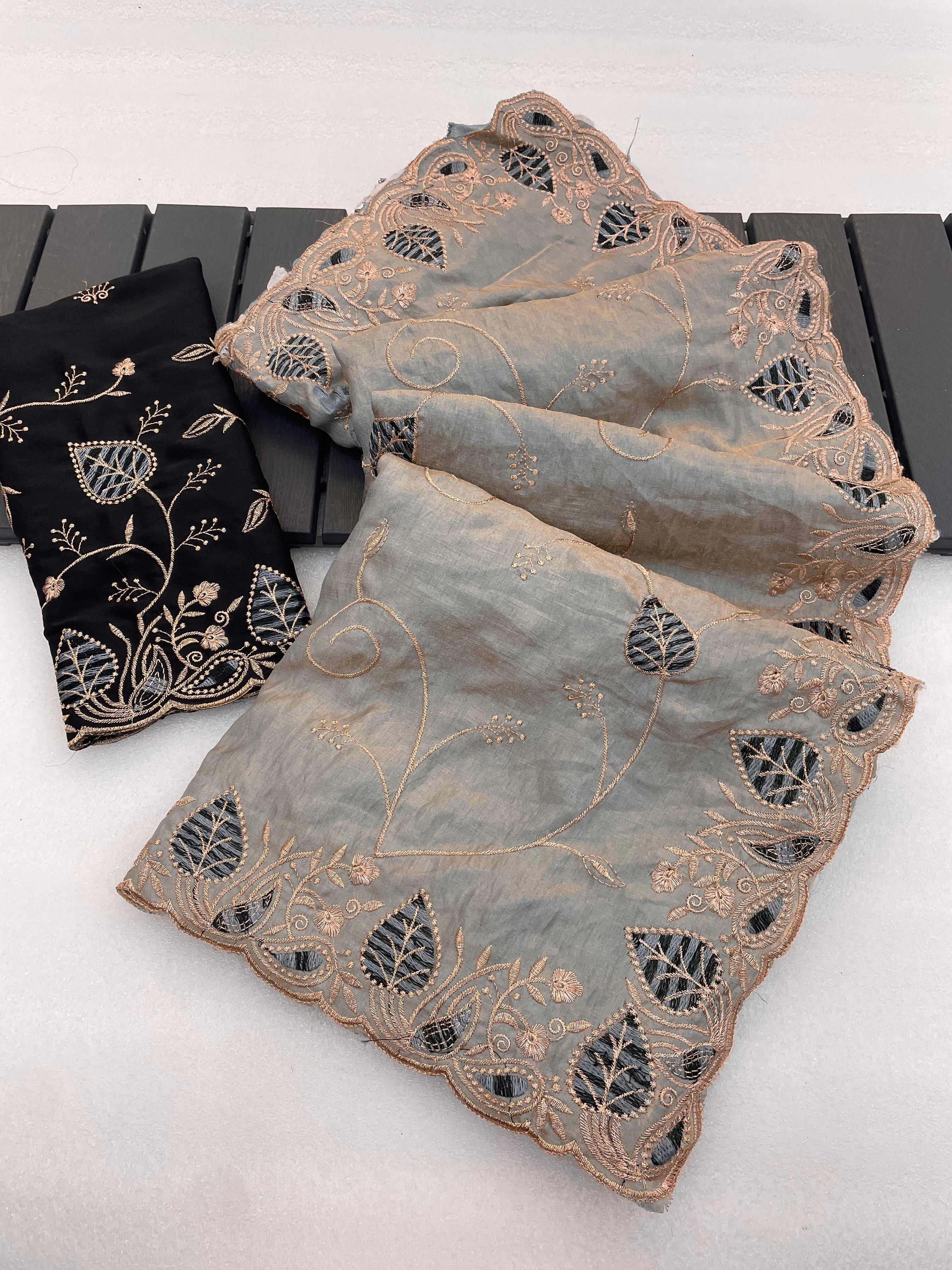 MASHUKA Satin Embellished Embroidered Floral Print Saree - Light Grey