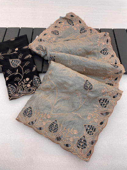 MASHUKA Satin Embellished Embroidered Floral Print Saree - Light Grey
