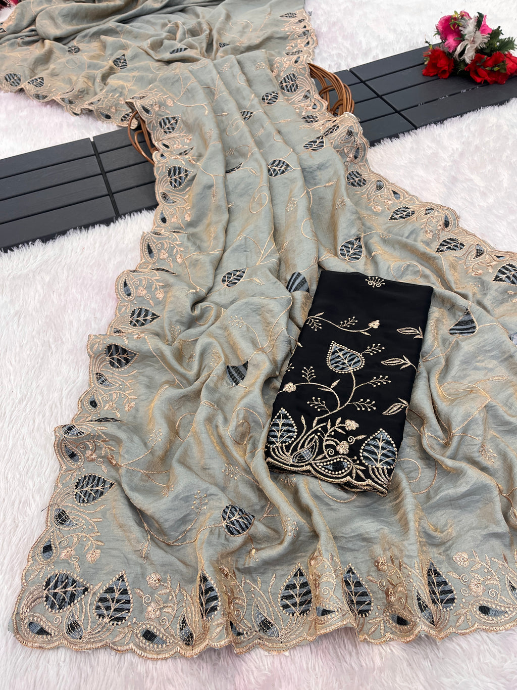 MASHUKA Satin Embellished Embroidered Floral Print Saree - Light Grey