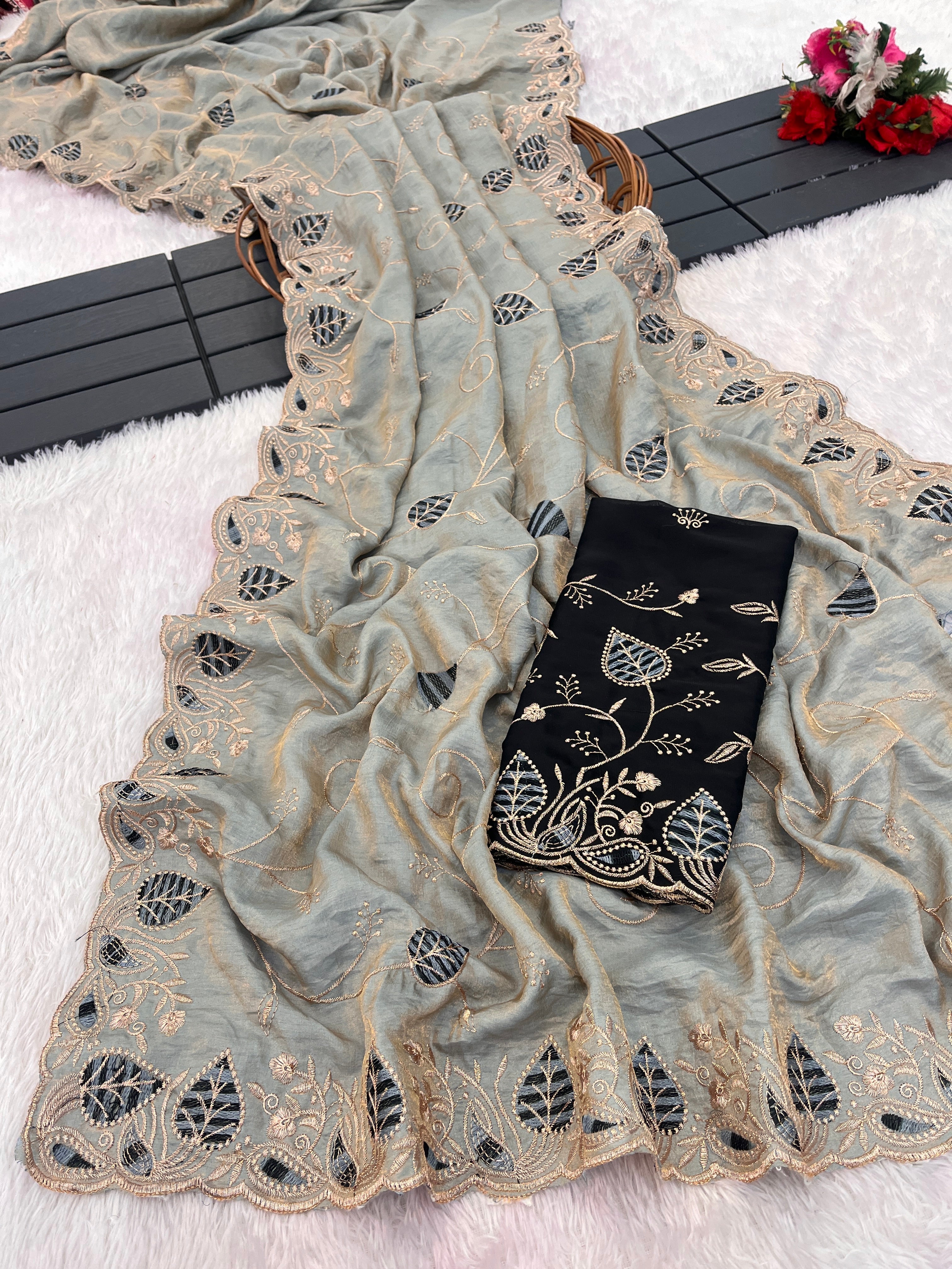 MASHUKA Satin Embellished Embroidered Floral Print Saree - Light Grey