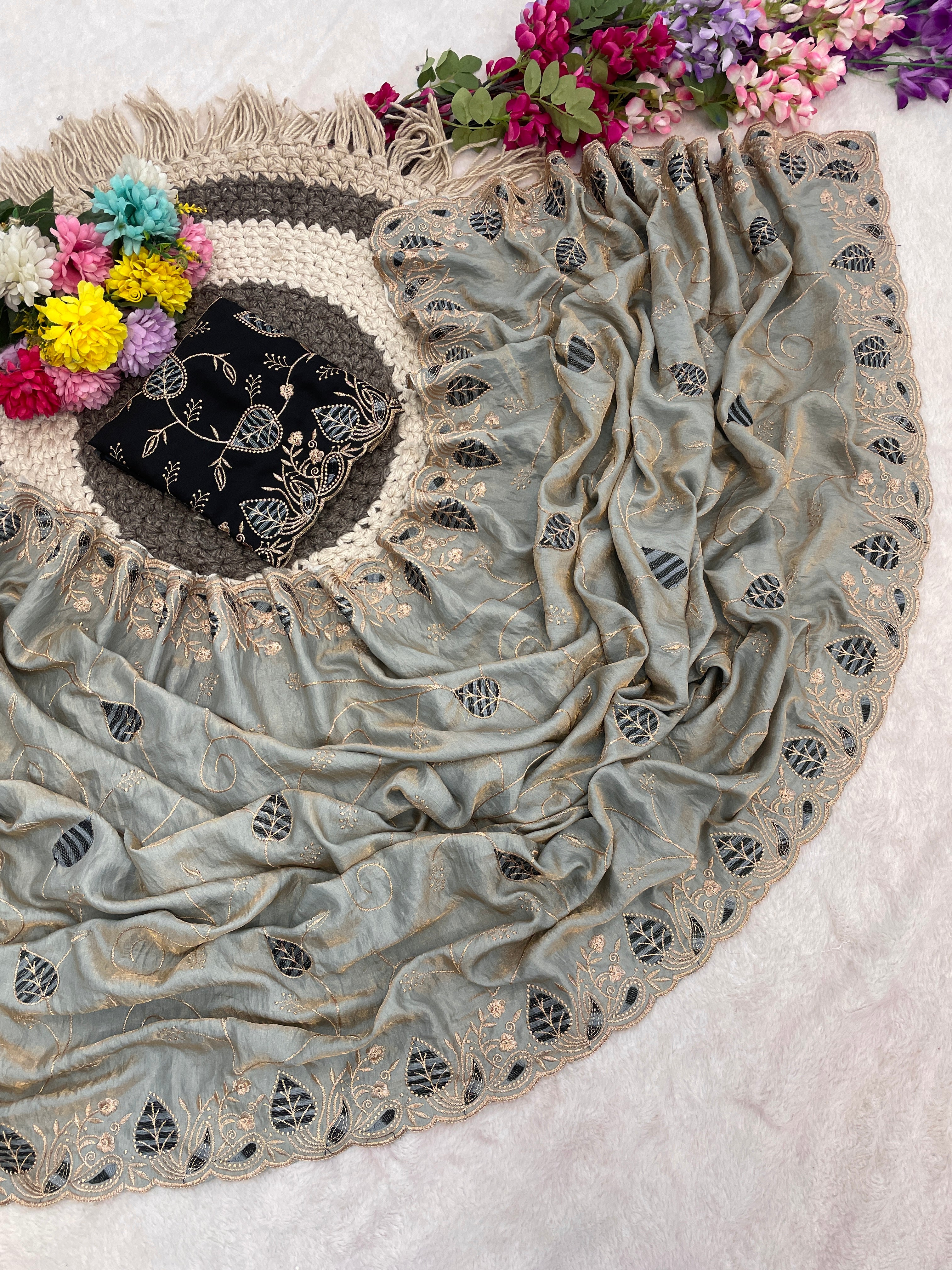 MASHUKA Satin Embellished Embroidered Floral Print Saree - Light Grey