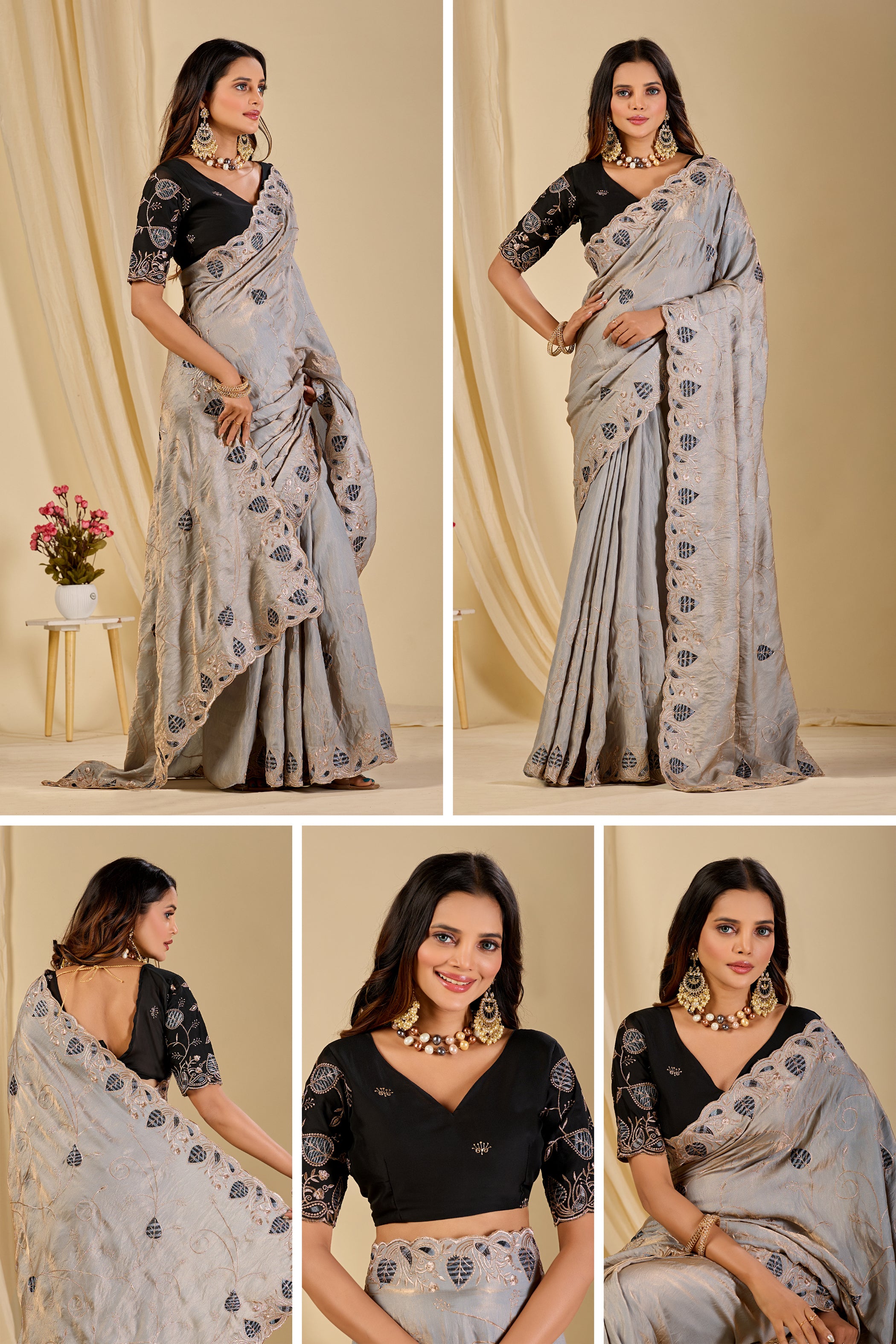 MASHUKA Satin Embellished Embroidered Floral Print Saree - Light Grey