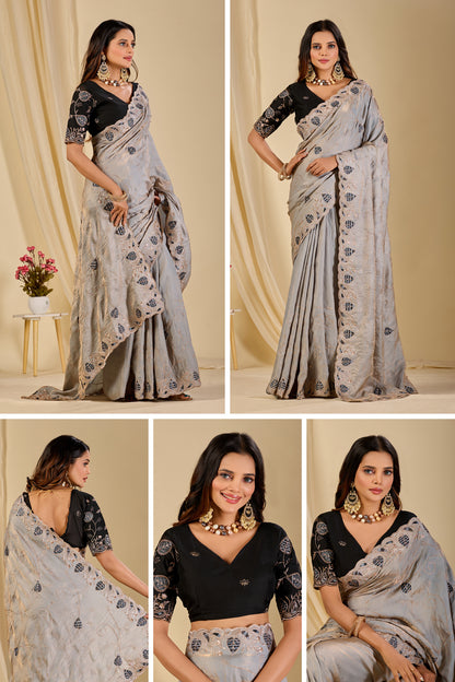 MASHUKA Satin Embellished Embroidered Floral Print Saree - Light Grey
