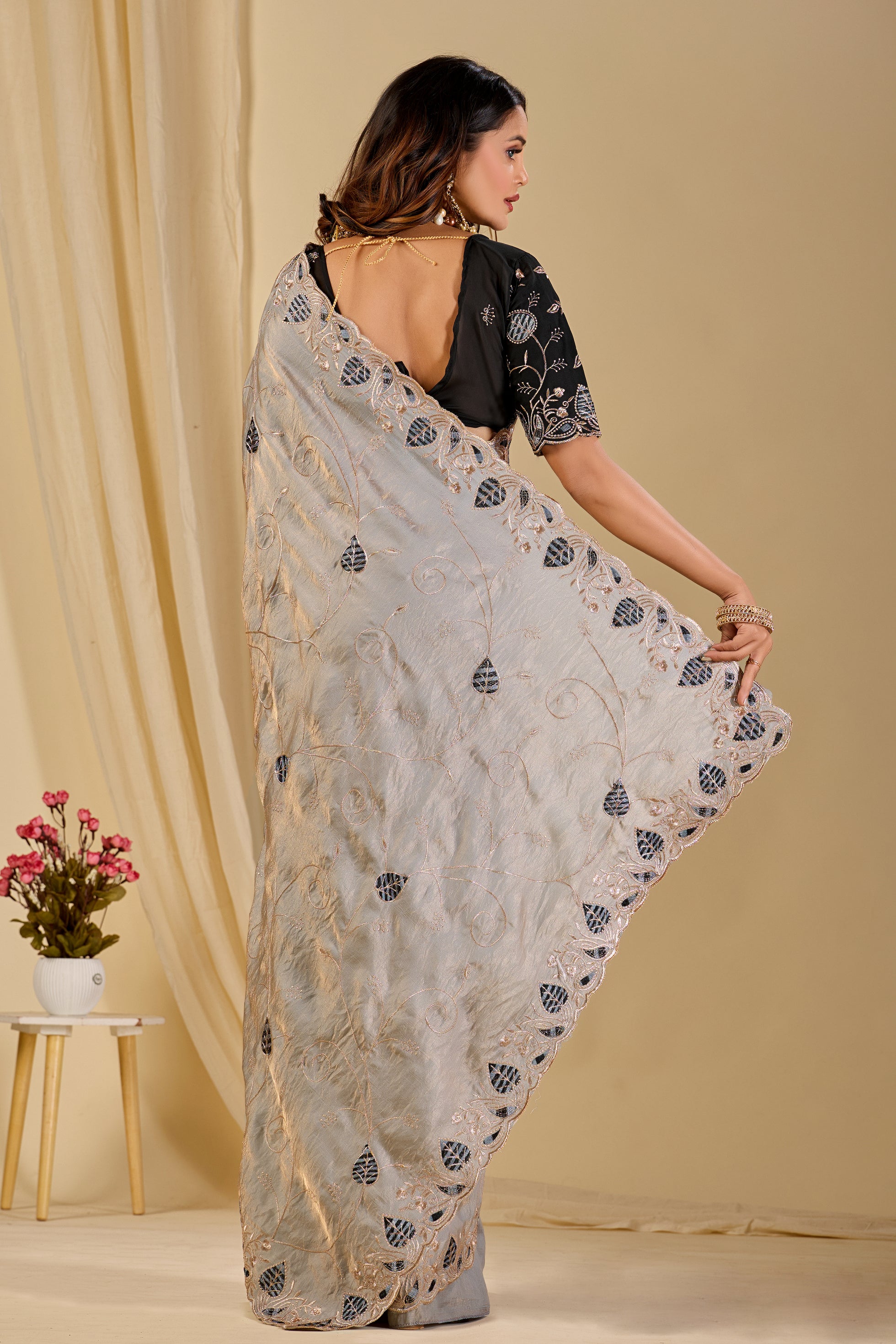 MASHUKA Satin Embellished Embroidered Floral Print Saree - Light Grey