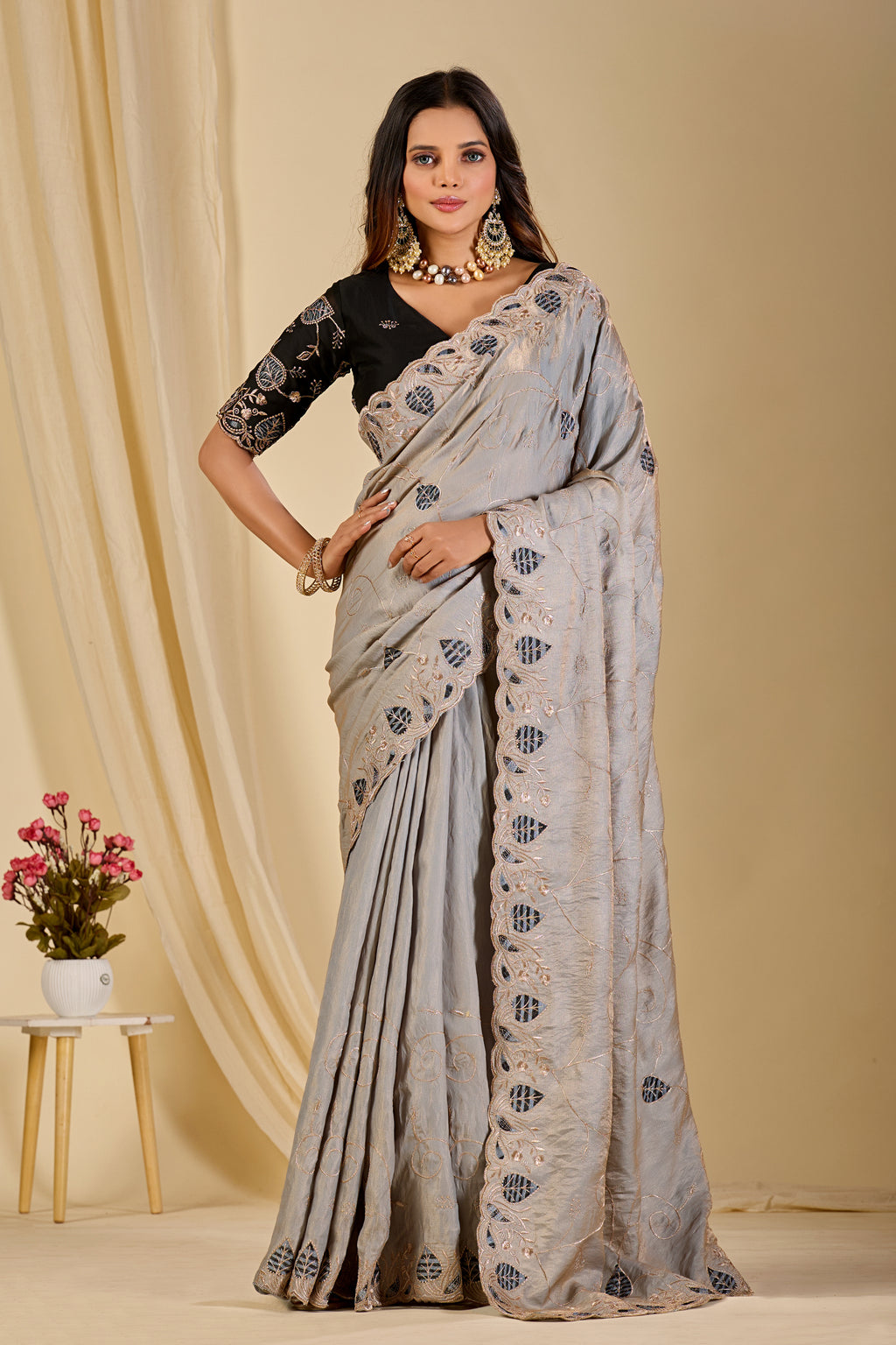 MASHUKA Satin Embellished Embroidered Floral Print Saree - Light Grey