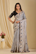 MASHUKA Satin Embellished Embroidered Floral Print Saree - Light Grey