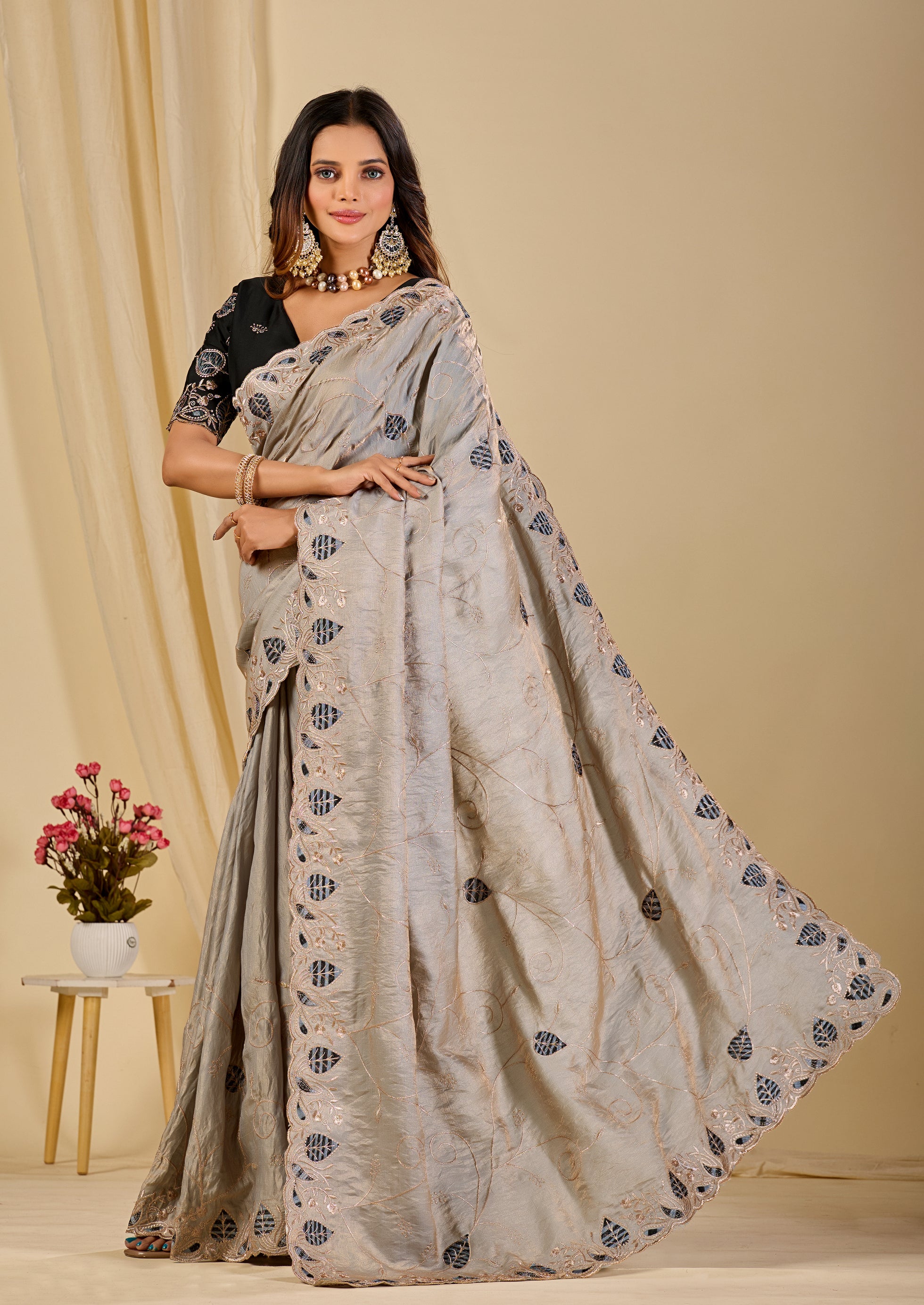 MASHUKA Satin Embellished Embroidered Floral Print Saree - Light Grey