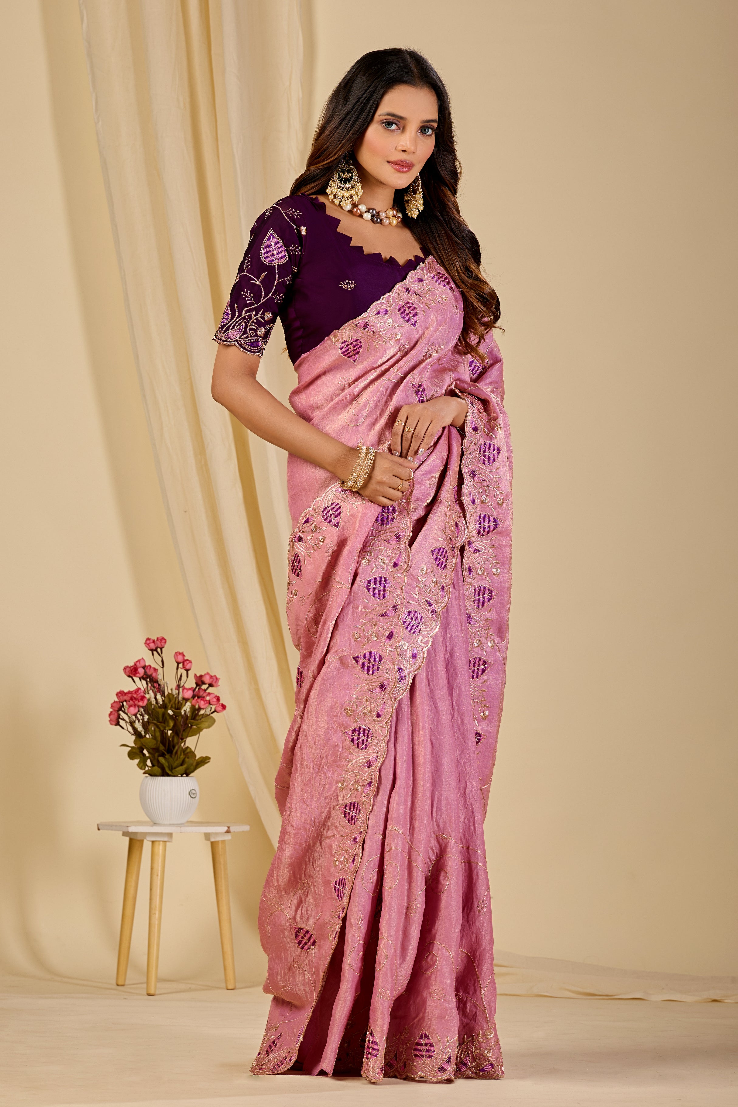 MASHUKA Satin Embellished Embroidered Floral Print Saree - Light Pink