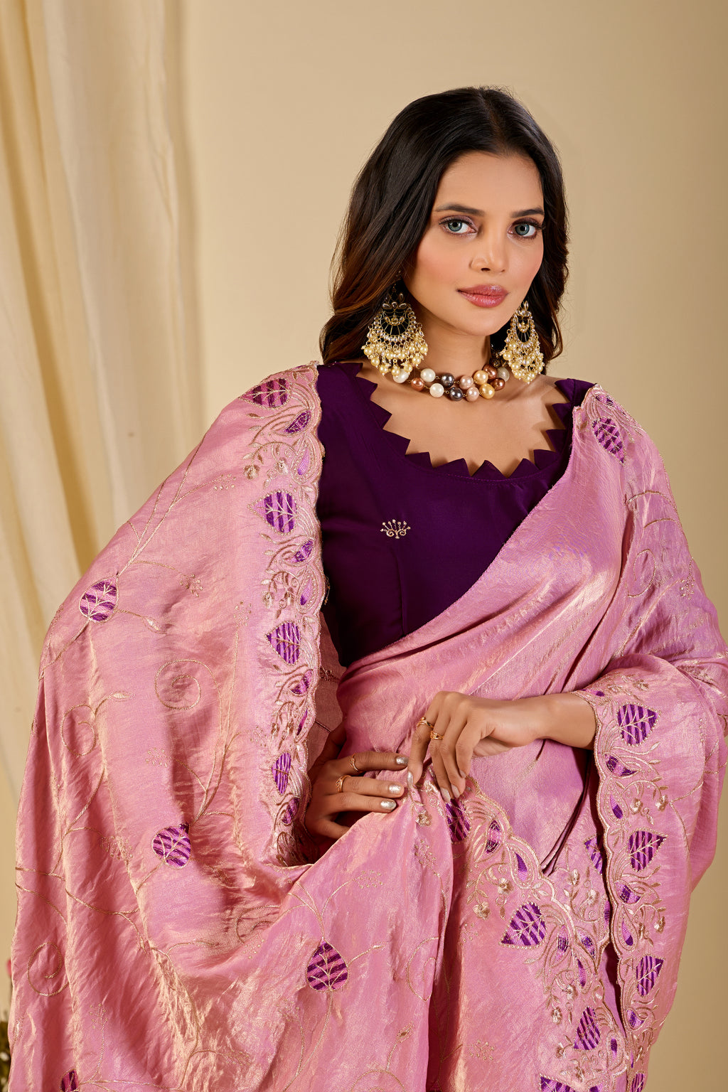 MASHUKA Satin Embellished Embroidered Floral Print Saree - Light Pink