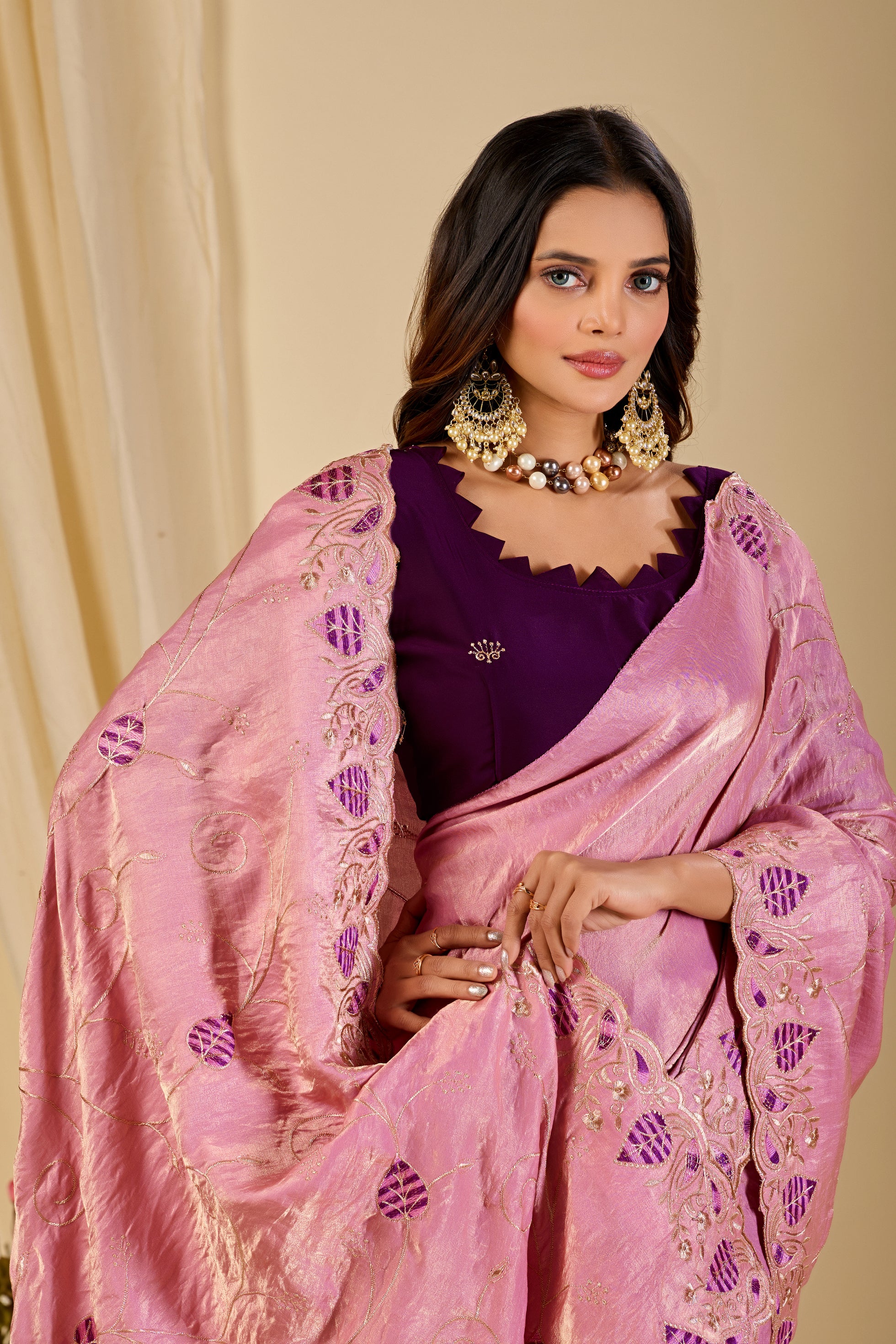 MASHUKA Satin Embellished Embroidered Floral Print Saree - Light Pink