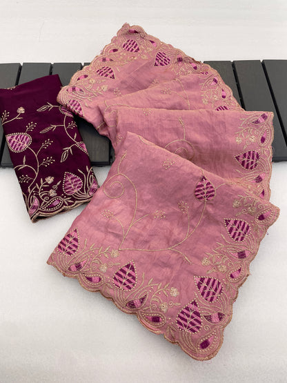 MASHUKA Satin Embellished Embroidered Floral Print Saree - Light Pink
