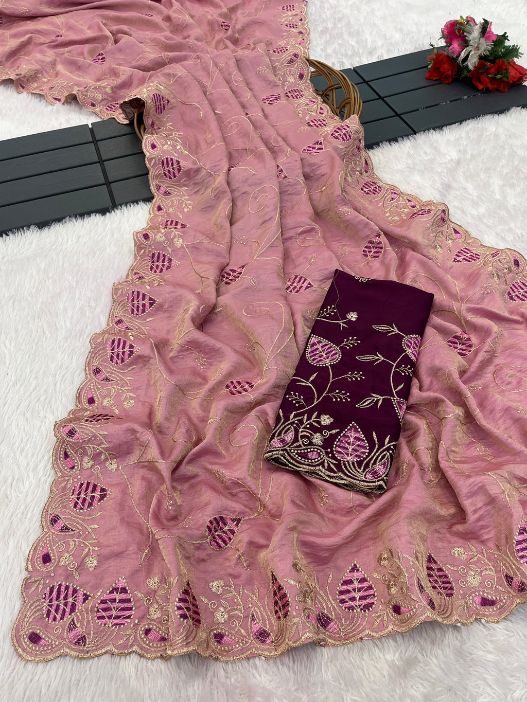 MASHUKA Satin Embellished Embroidered Floral Print Saree - Light Pink