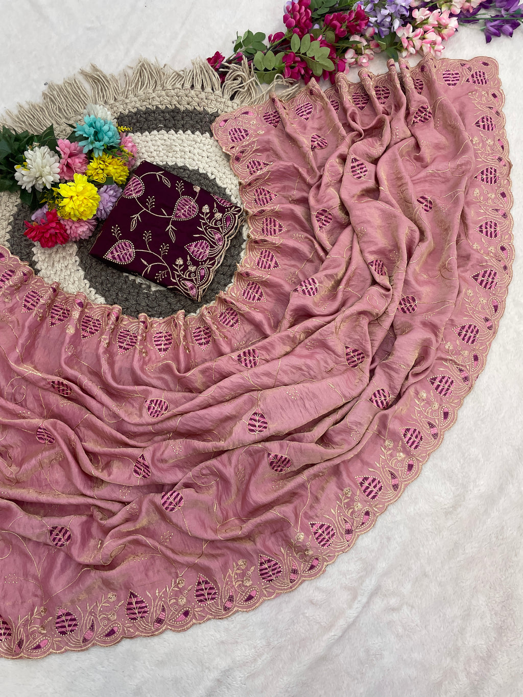 MASHUKA Satin Embellished Embroidered Floral Print Saree - Light Pink