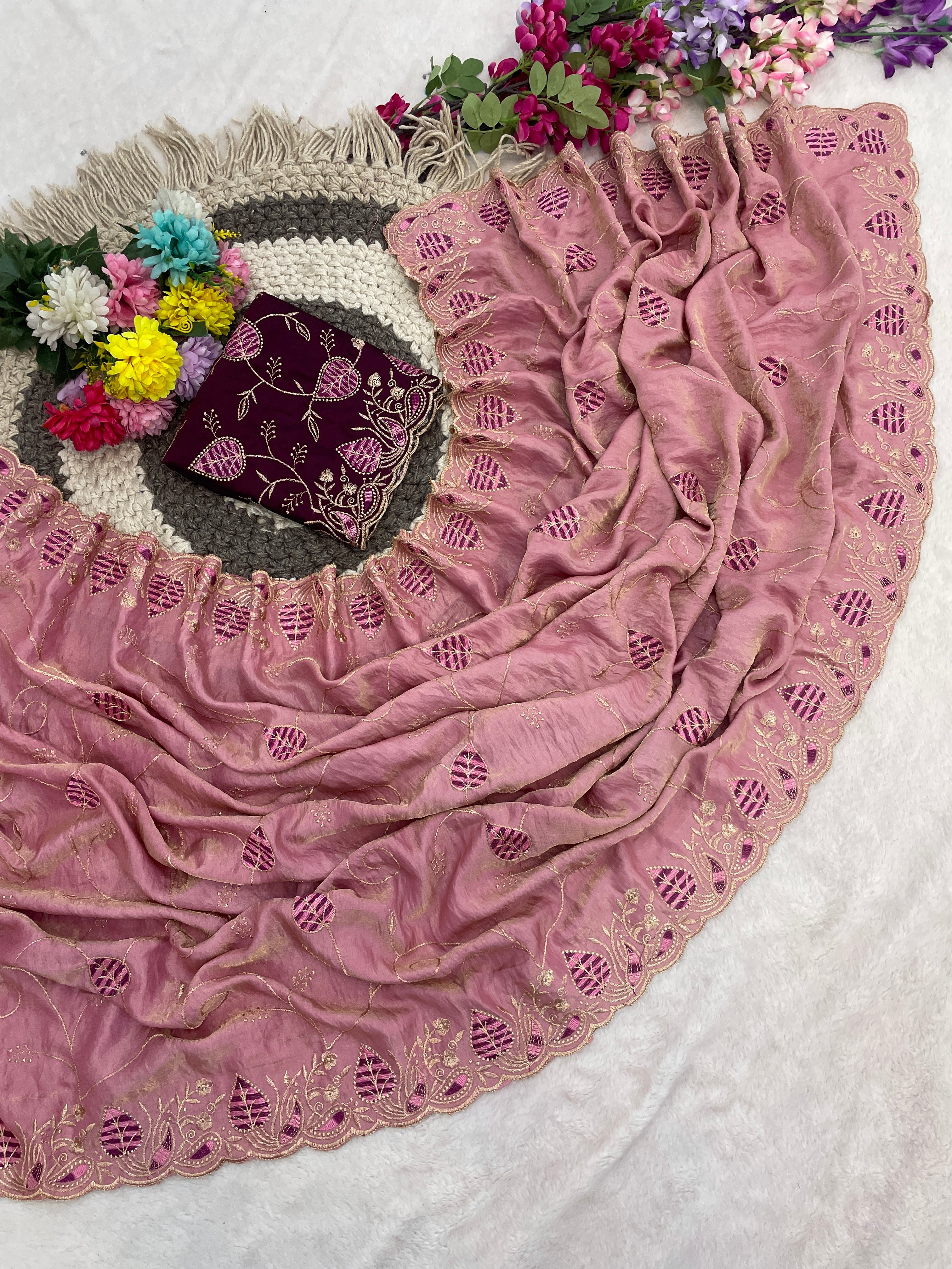 MASHUKA Satin Embellished Embroidered Floral Print Saree - Light Pink