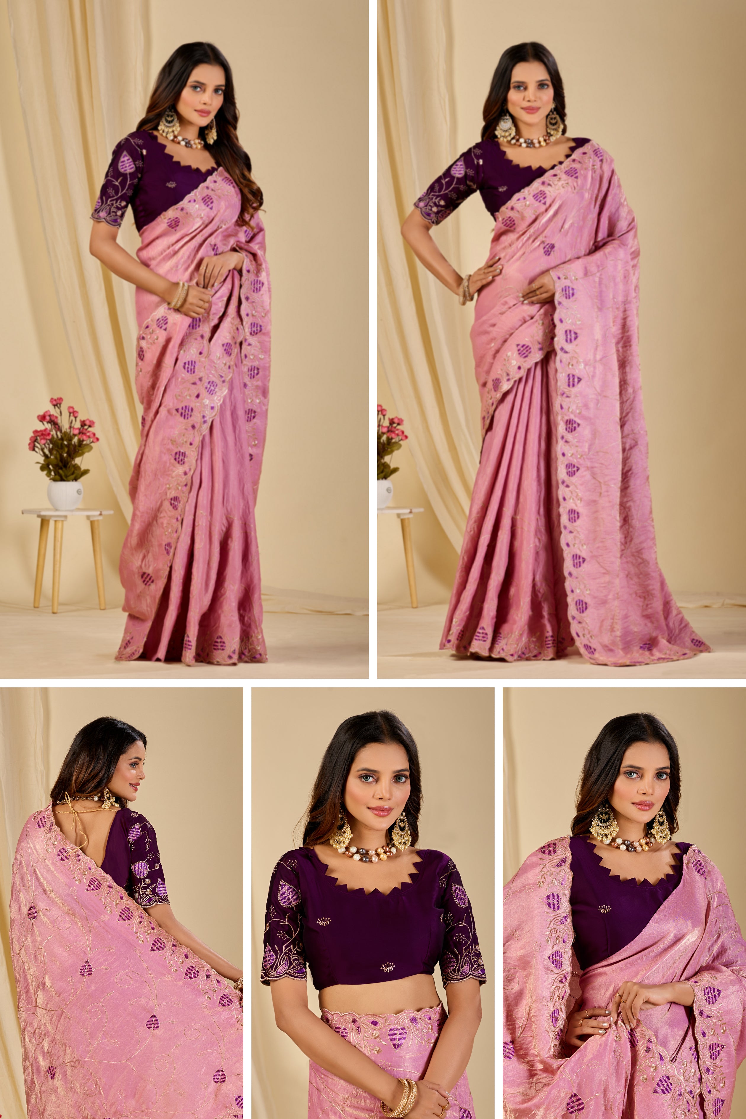 MASHUKA Satin Embellished Embroidered Floral Print Saree - Light Pink
