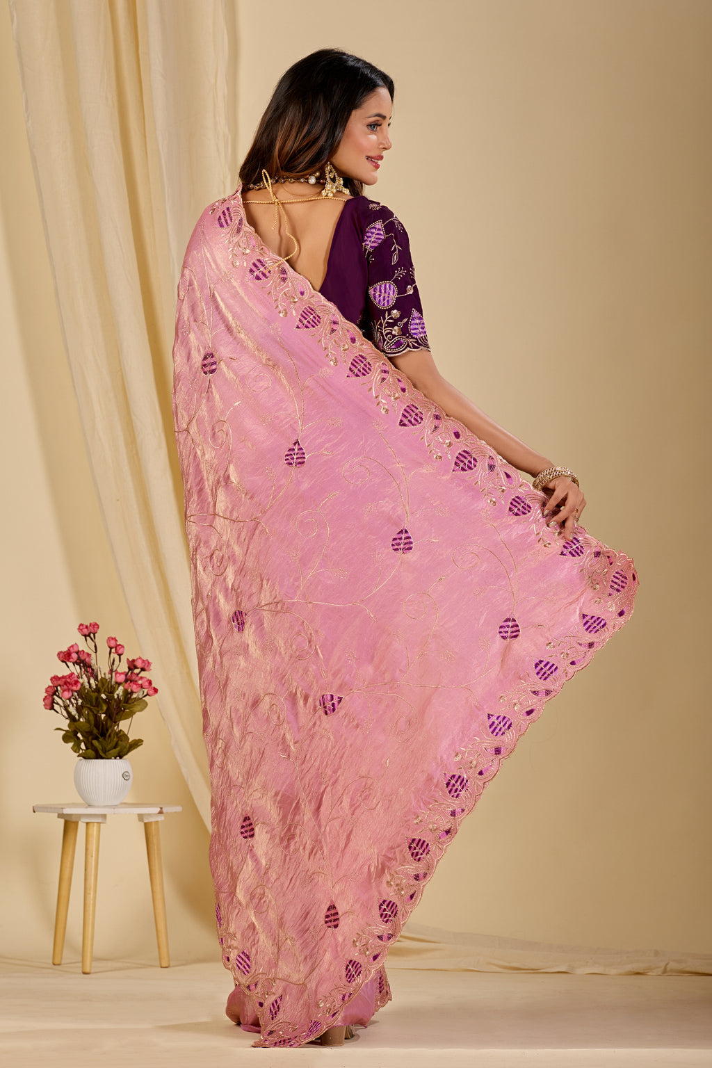 MASHUKA Satin Embellished Embroidered Floral Print Saree - Light Pink