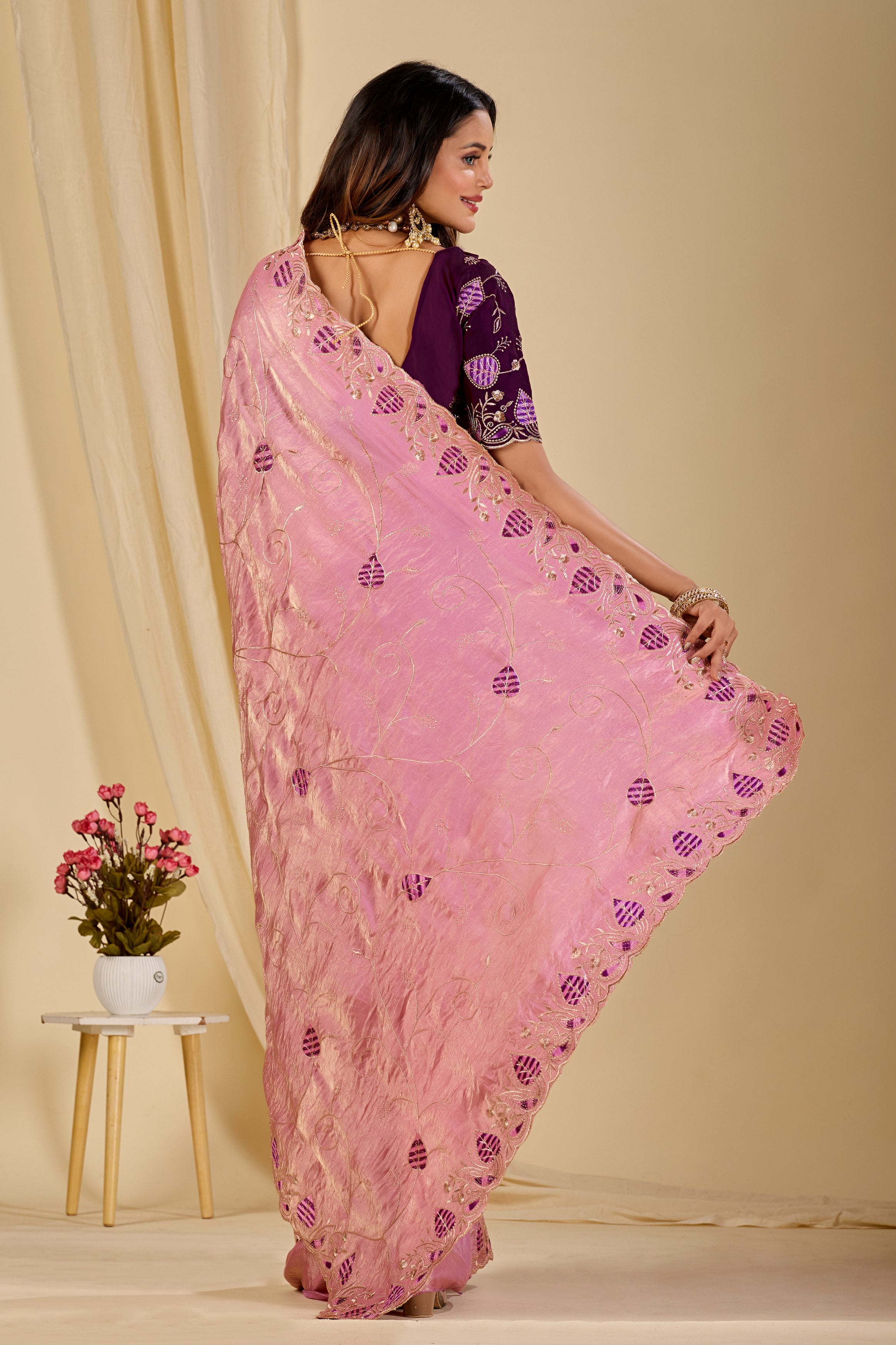 MASHUKA Satin Embellished Embroidered Floral Print Saree - Light Pink