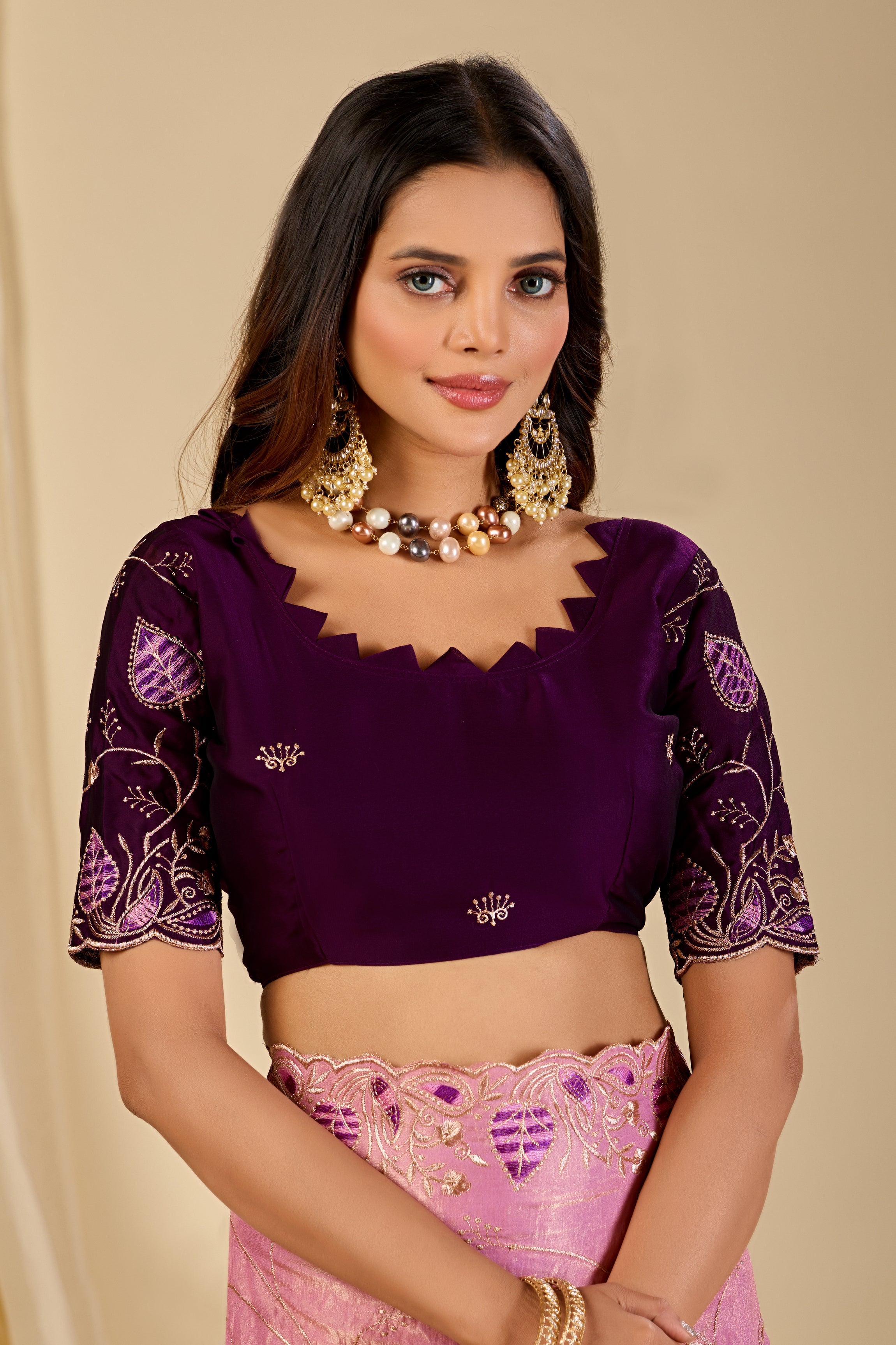 MASHUKA Satin Embellished Embroidered Floral Print Saree - Light Pink