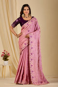 MASHUKA Satin Embellished Embroidered Floral Print Saree - Light Pink