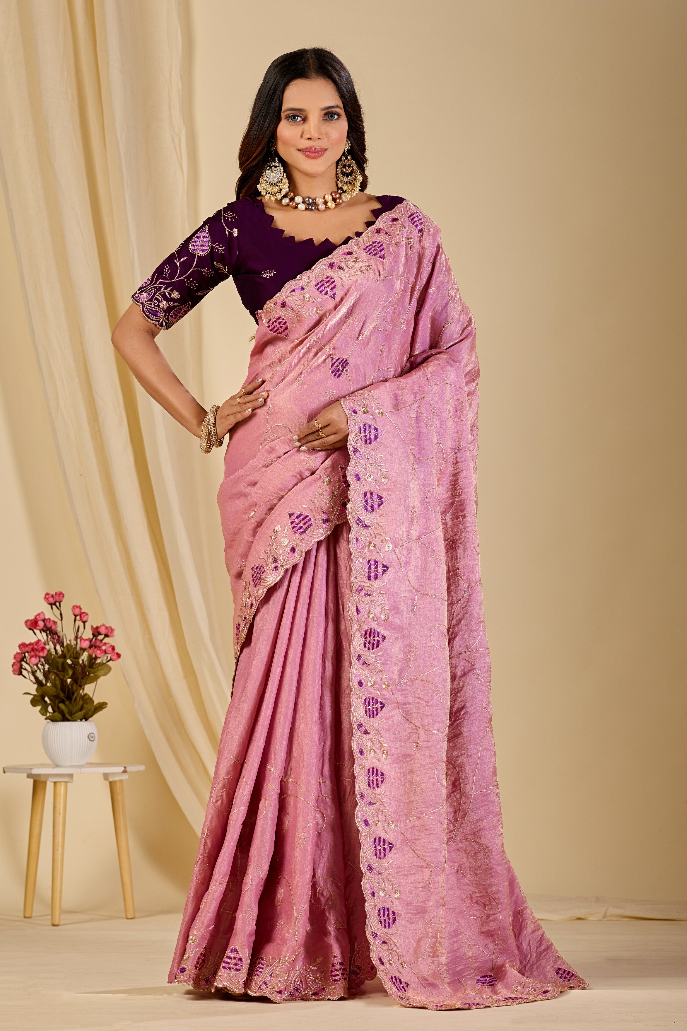 MASHUKA Satin Embellished Embroidered Floral Print Saree - Light Pink