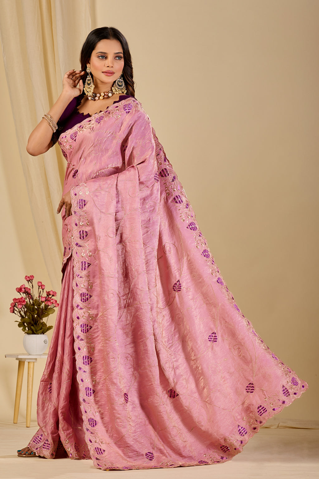 MASHUKA Satin Embellished Embroidered Floral Print Saree - Light Pink