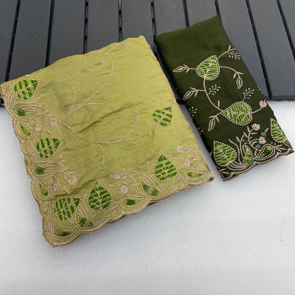 MASHUKA Satin Embellished Embroidered Floral Print Saree - Light Pista