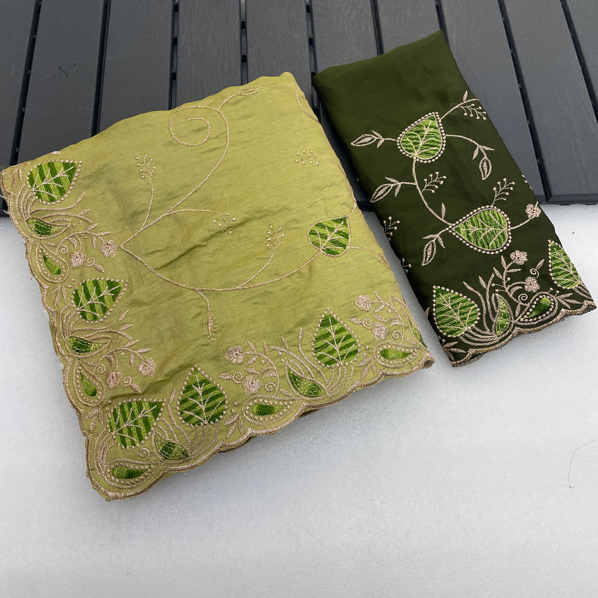 MASHUKA Satin Embellished Embroidered Floral Print Saree - Light Pista