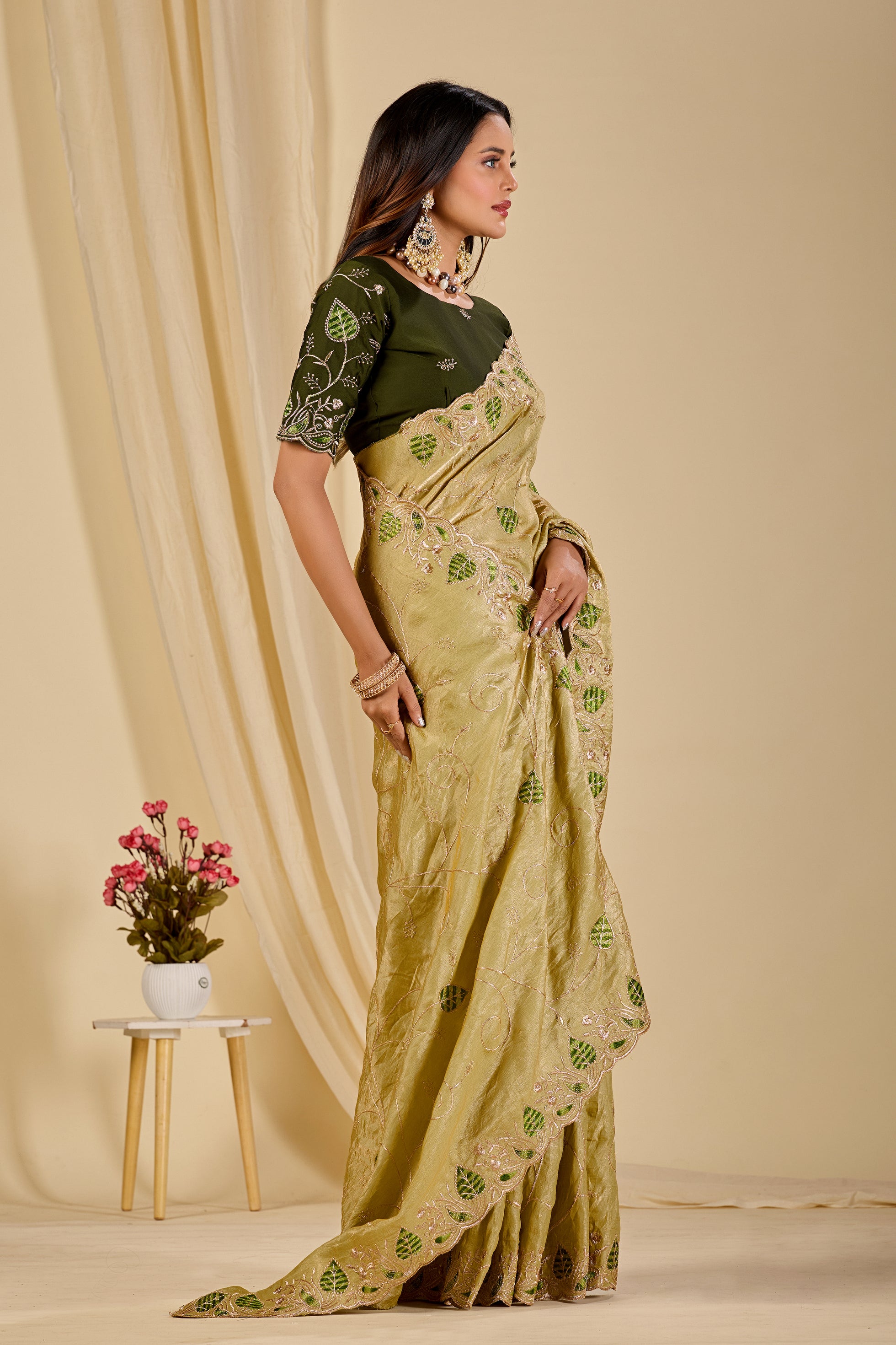MASHUKA Satin Embellished Embroidered Floral Print Saree - Light Pista