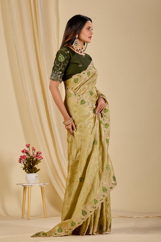 MASHUKA Satin Embellished Embroidered Floral Print Saree - Light Pista