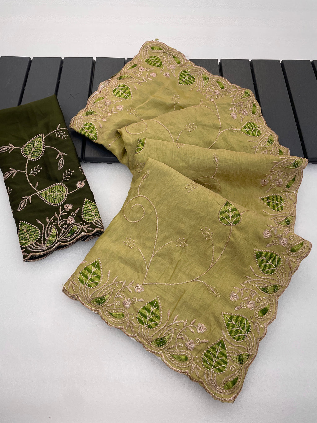 MASHUKA Satin Embellished Embroidered Floral Print Saree - Light Pista
