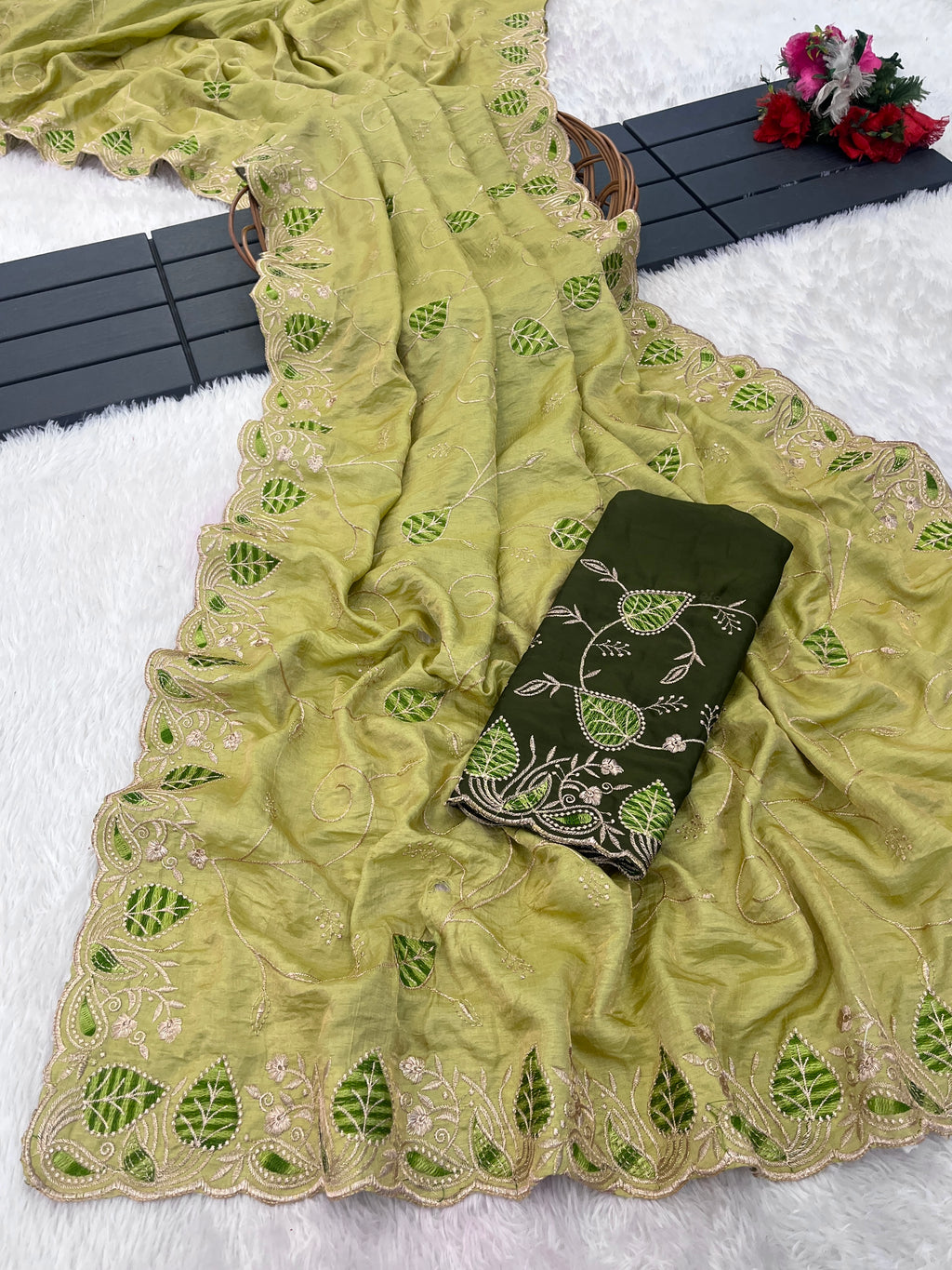MASHUKA Satin Embellished Embroidered Floral Print Saree - Light Pista